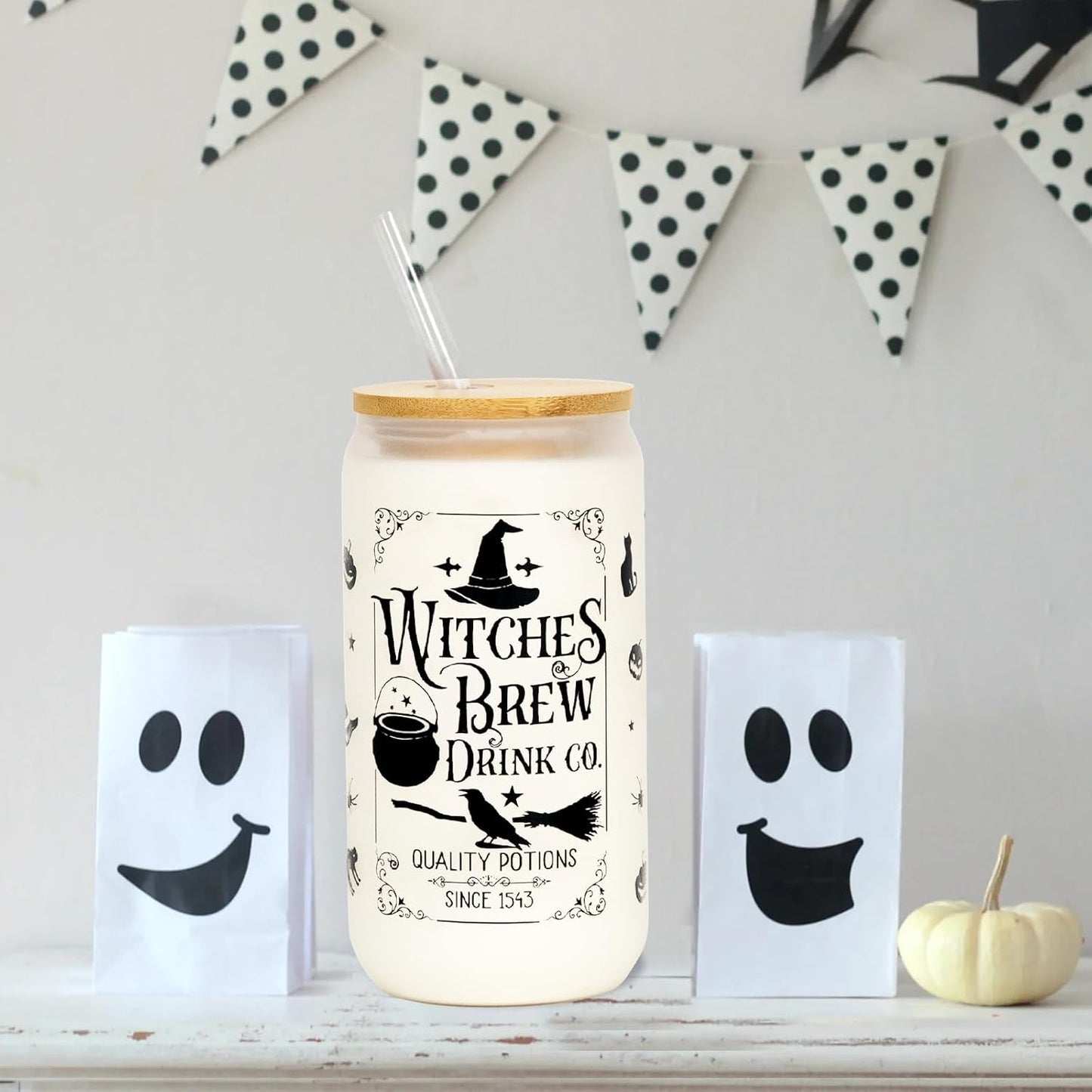 Halloween Glass Cup, 18Oz Frosted Witch Iced Coffee Can Cup Tumbler with Lid and Straw, Witch Tumbler Beer Can Glass, Halloween Gifts Decorations