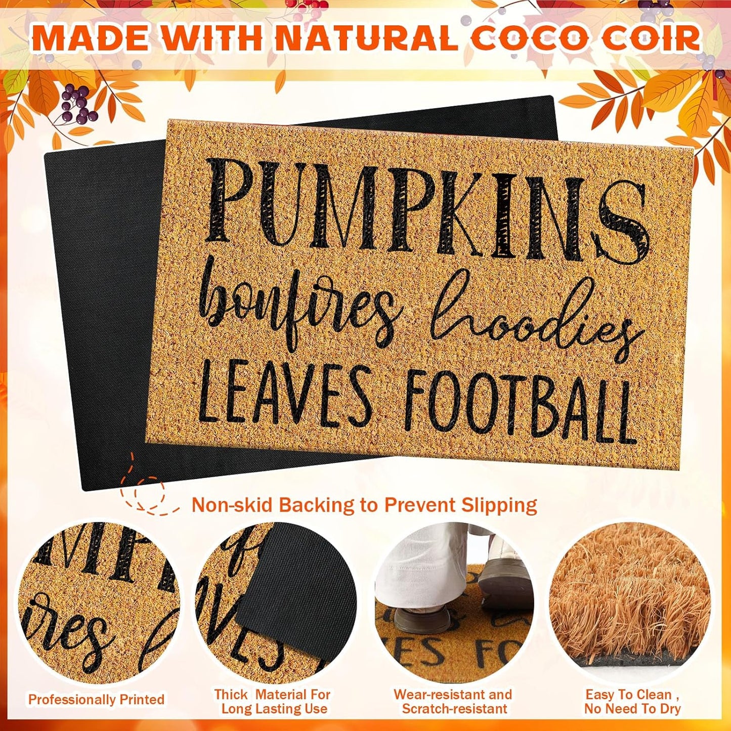 Ceenna Fall Coir Doormat Football Pumpkin Style Coir Welcome Mats Autumn Non Slip Floor Mats Thanksgiving Indoor Entrance Door Mat Porch Front Decor, 16 X 28 Inch(Pumpkin Bonfire)