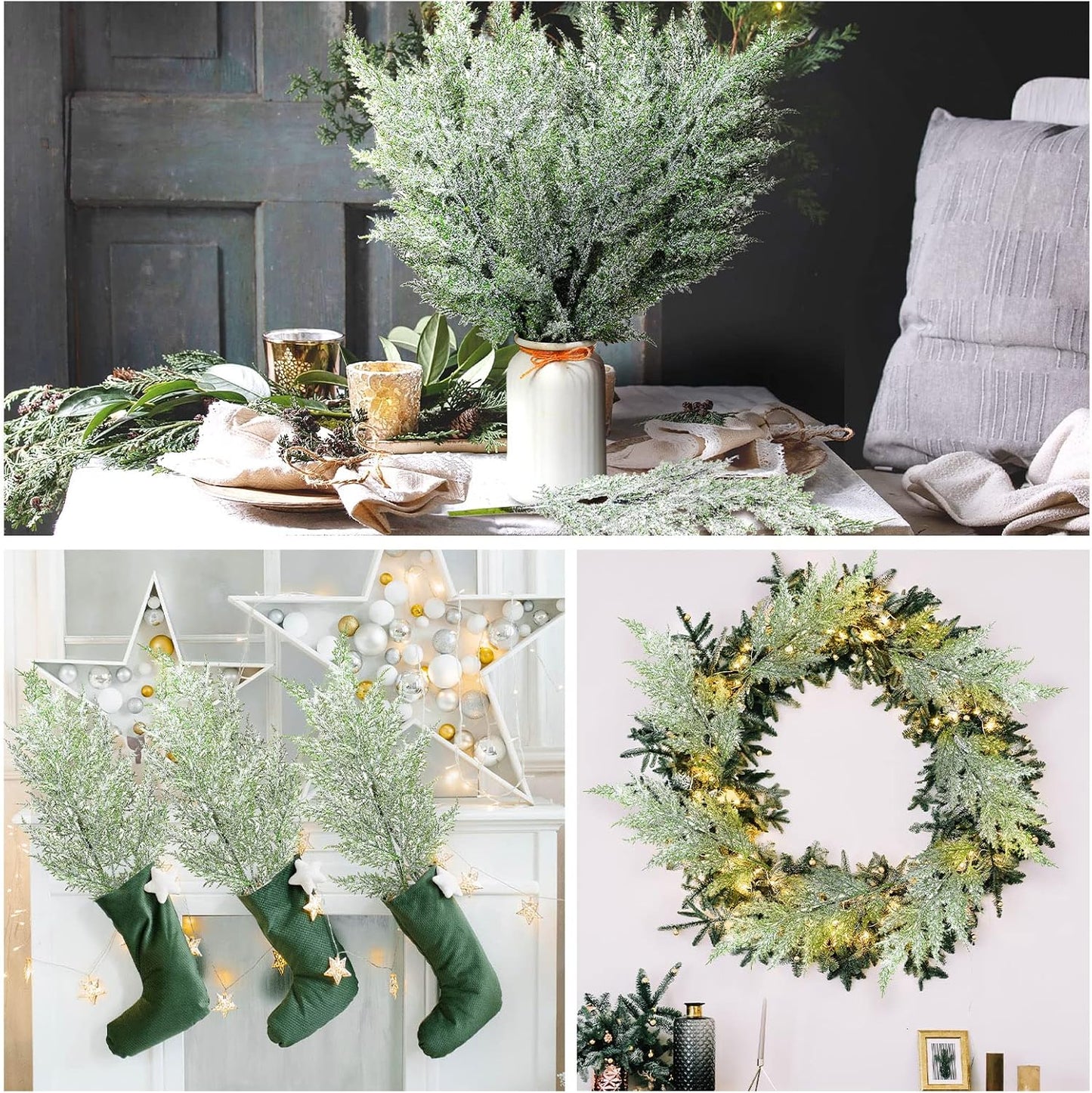 Yinder 24 Pcs 18.5 Inch Snowy Faux Cedar Branches Frosted Artificial Cedar Picks and Sprays Cedar Twigs Stems Christmas Greenery Stems Green Artificial Cedar Sprigs for Christmas Holiday (Classic)