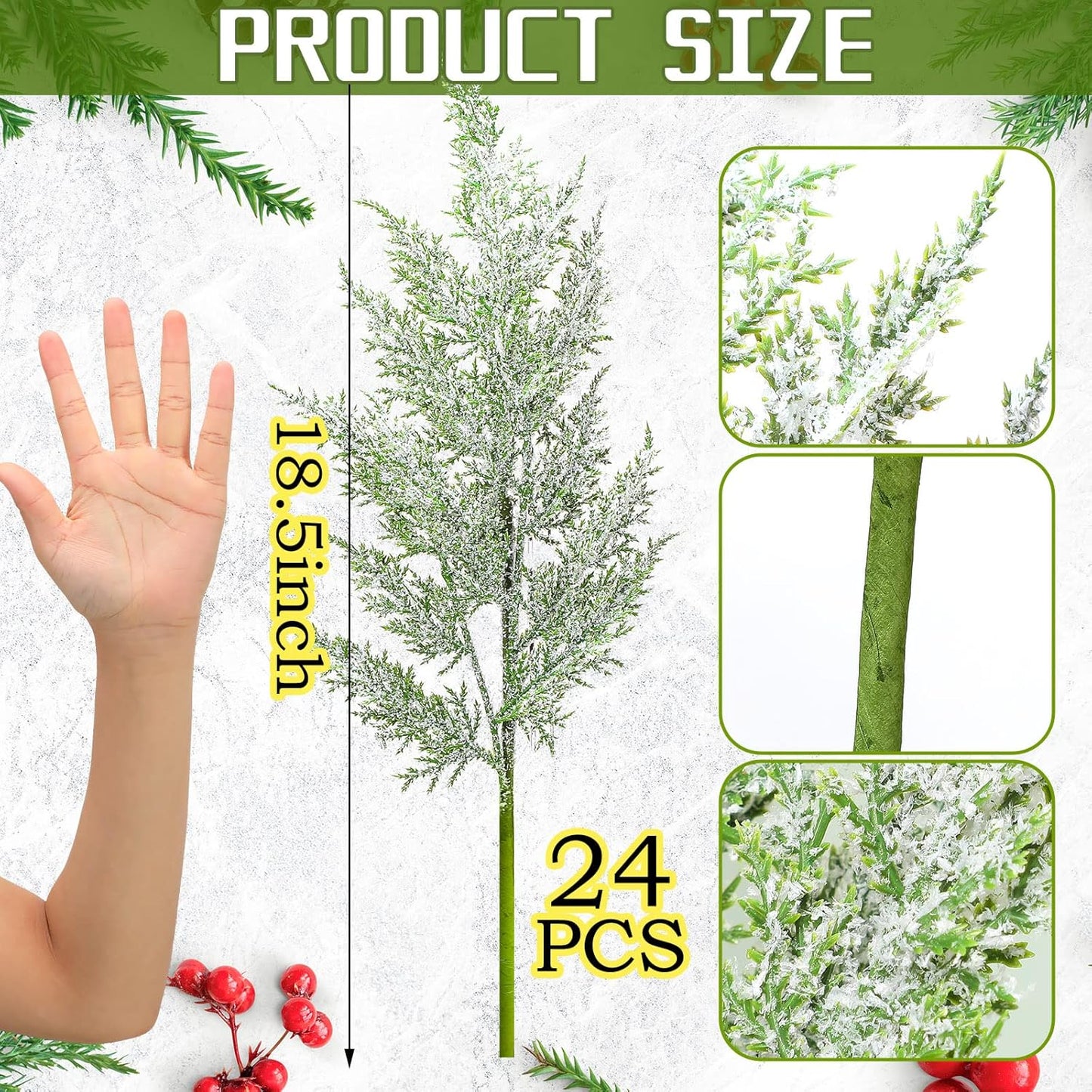 Yinder 24 Pcs 18.5 Inch Snowy Faux Cedar Branches Frosted Artificial Cedar Picks and Sprays Cedar Twigs Stems Christmas Greenery Stems Green Artificial Cedar Sprigs for Christmas Holiday (Classic)