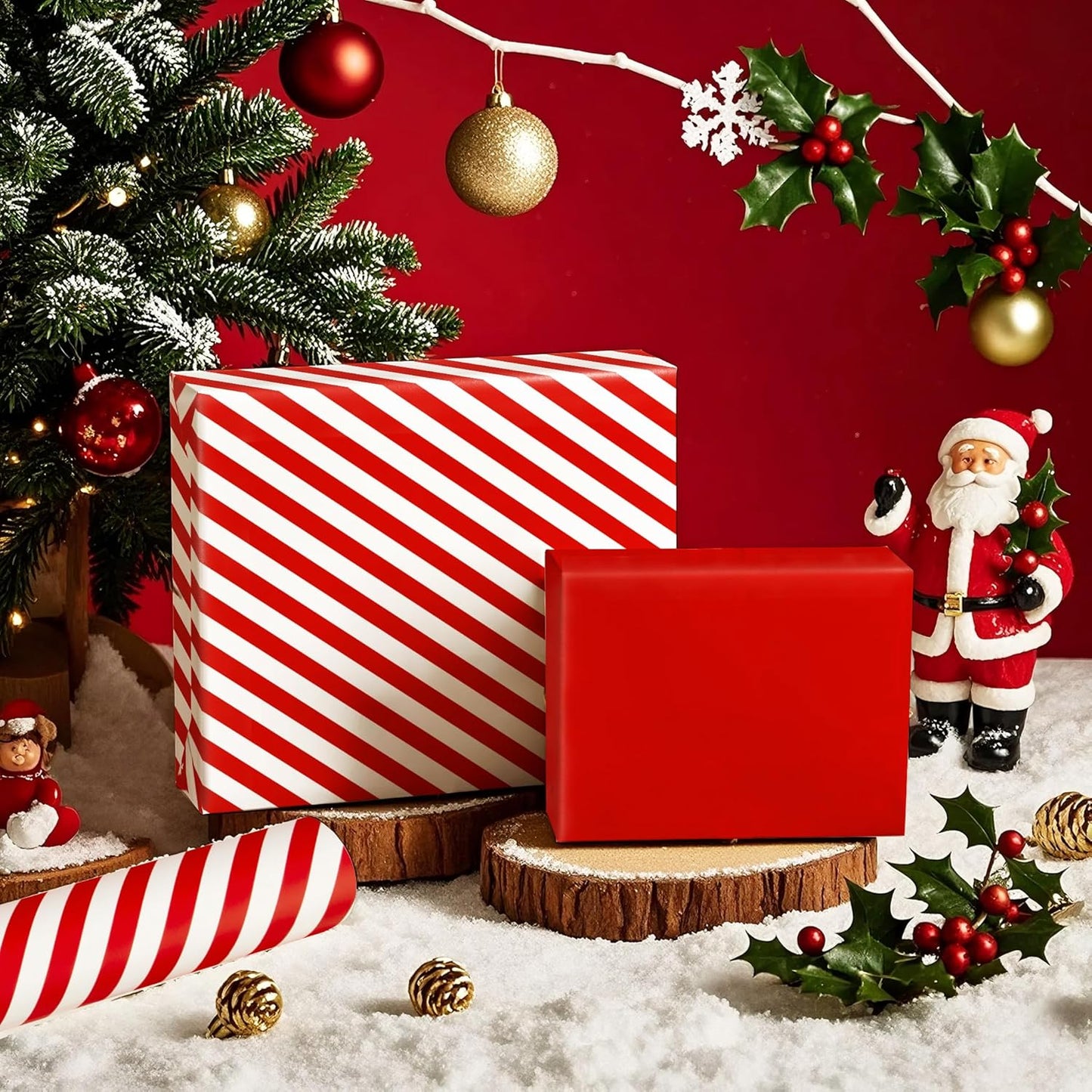 WRAPAHOLIC 30 Inch Reversible Wrapping Paper - Jumbo Roll Red and Stripes Design for Birthday, Holiday, Wedding, Baby Shower Wrap - 30 Inch X 33 Feet