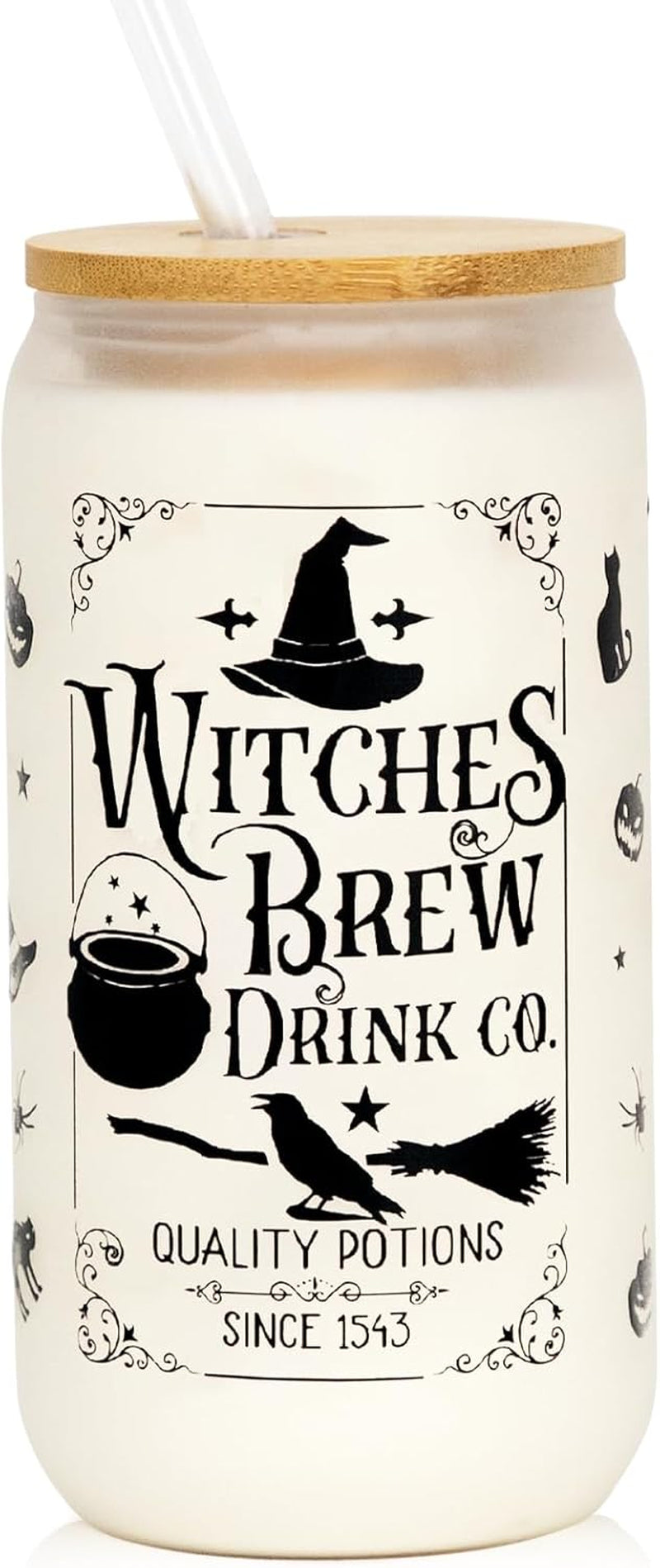 Halloween Glass Cup, 18Oz Frosted Witch Iced Coffee Can Cup Tumbler with Lid and Straw, Witch Tumbler Beer Can Glass, Halloween Gifts Decorations
