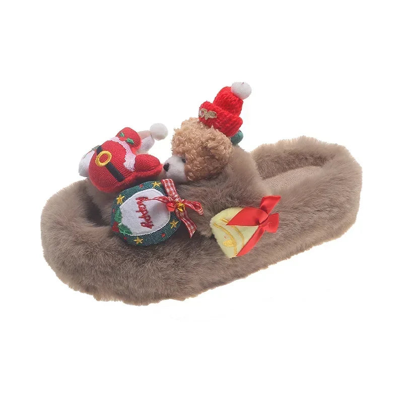 Christmas Women Bear Cotton Plush Slippers 2025 Winter Warm Fluffy Fur Slippers Non-Slip Sole Indoor Home Couple Shoes for Gift
