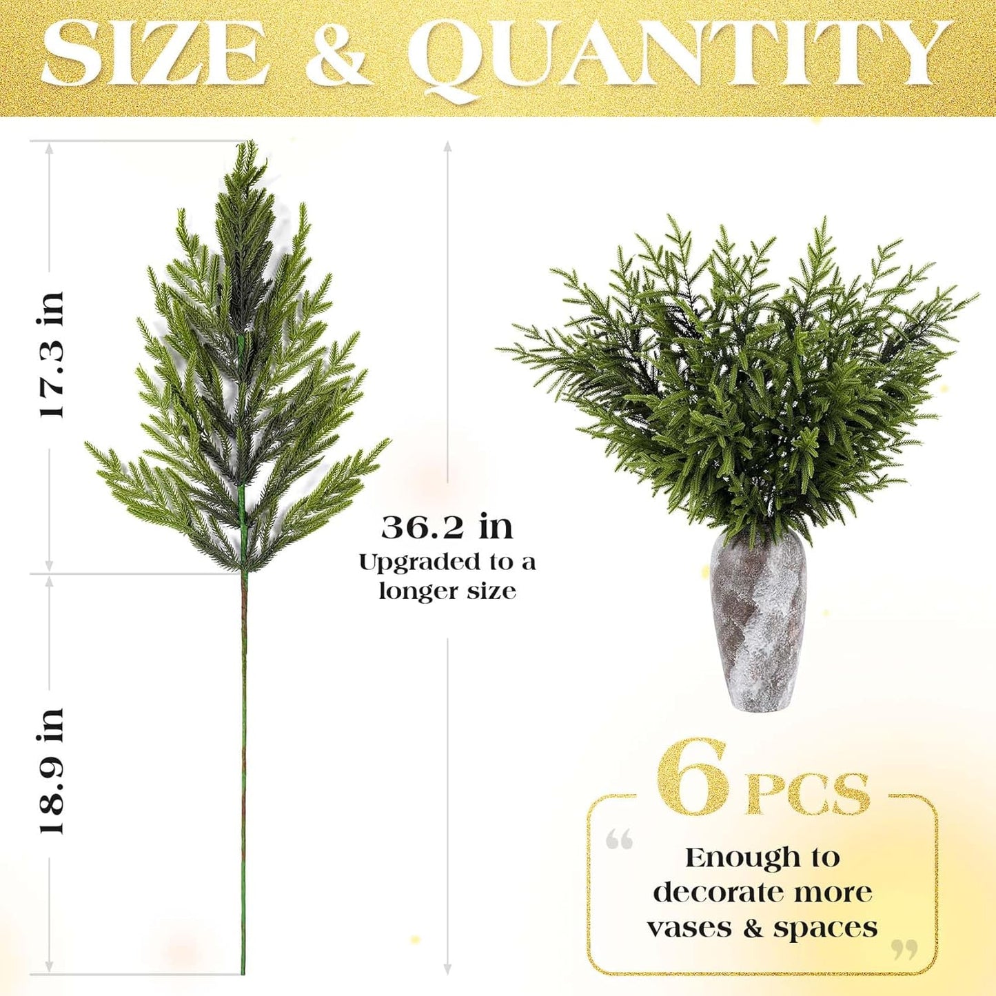 6 Pcs Christmas Norfolk Pine Branches - 36" Artificial Norfolk Branch Faux Stem Greenery Pine Picks for Vase DIY Crafts Garland Wreath Xmas Indoor Outdoor Home Decor