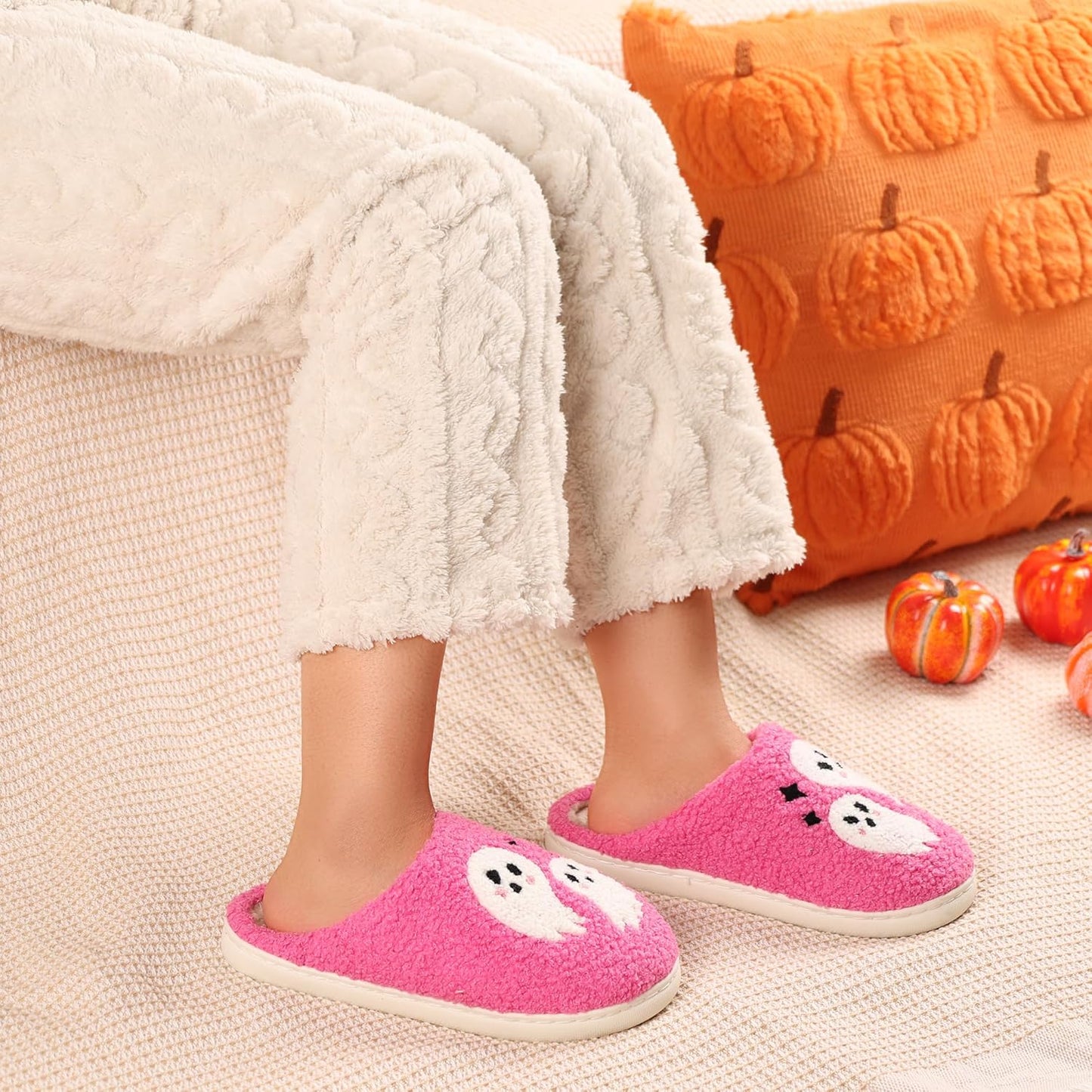 Halloween Slippers for Women Men Spooky Pumpkin Ghost Fuzzy Plush Warm Cozy Slippers Indoor Outdoor House Shoes