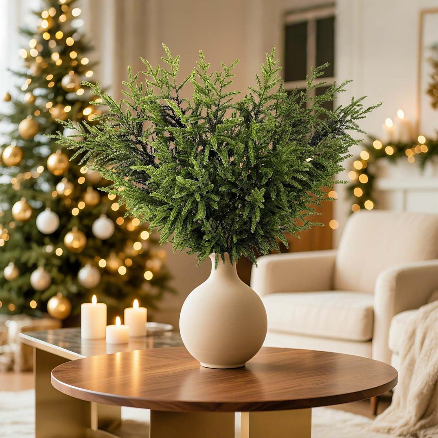 6 Pcs Christmas Norfolk Pine Branches - 36" Artificial Norfolk Branch Faux Stem Greenery Pine Picks for Vase DIY Crafts Garland Wreath Xmas Indoor Outdoor Home Decor