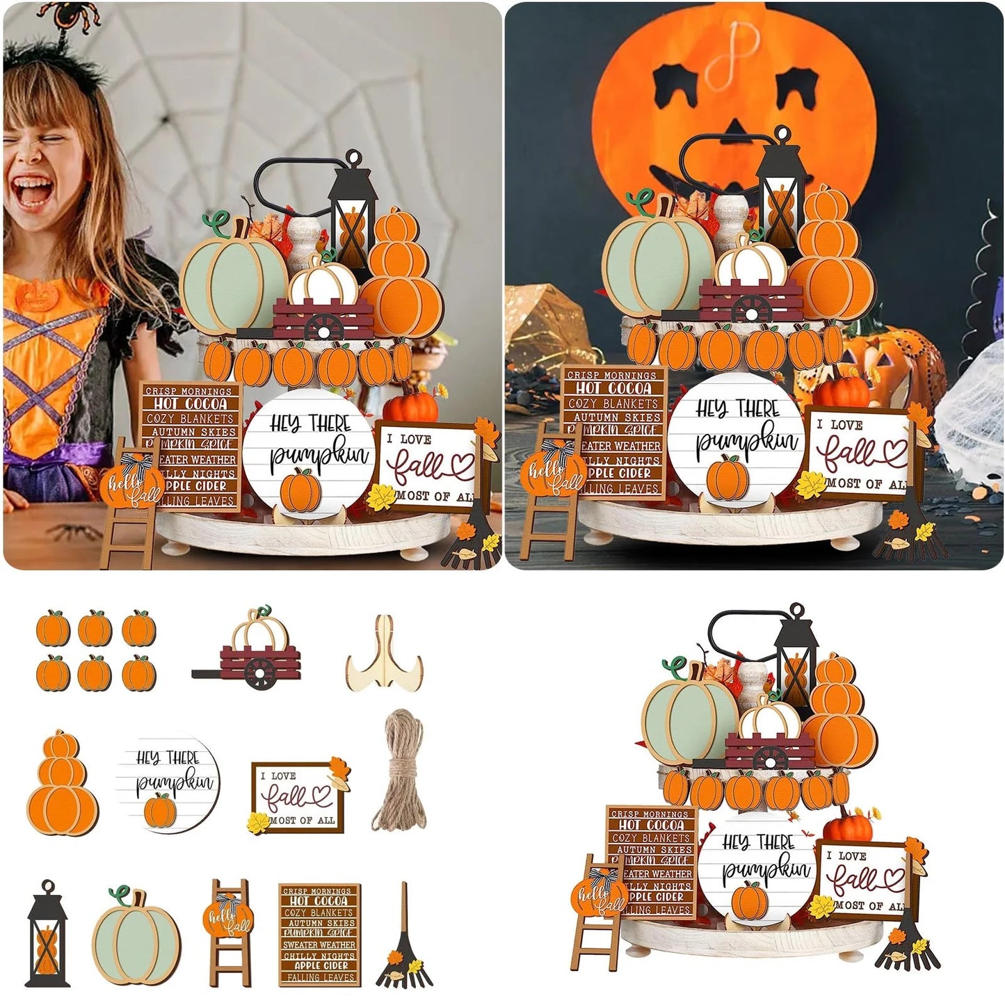 Fall Tiered Tray Decor Set Thanksgiving Pumpkin Maple Leaf Truck Wooden Sign Hello Fall Country Farmhouse Tray Decor Tabletop Mark Fall Thanksgiving Table Holiday(1 Set)