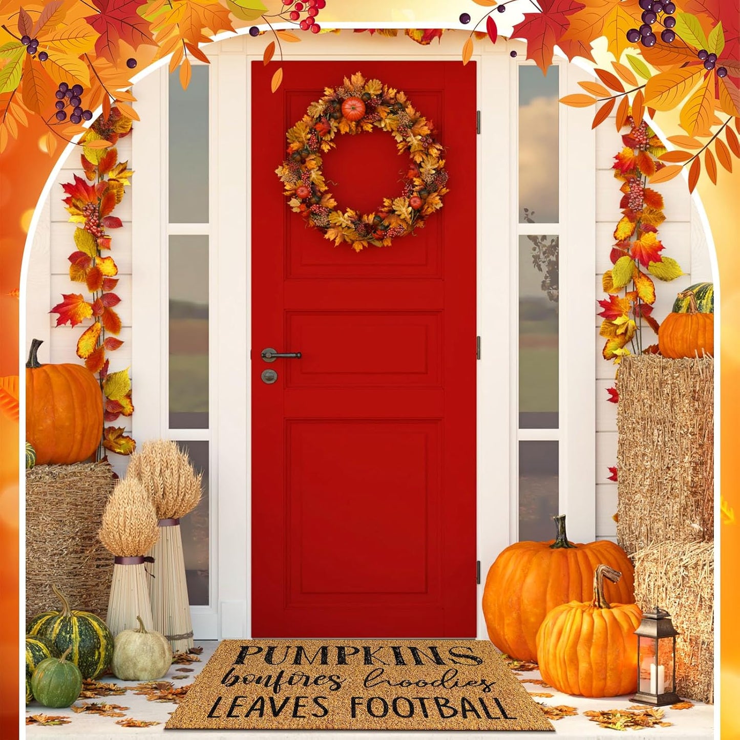 Ceenna Fall Coir Doormat Football Pumpkin Style Coir Welcome Mats Autumn Non Slip Floor Mats Thanksgiving Indoor Entrance Door Mat Porch Front Decor, 16 X 28 Inch(Pumpkin Bonfire)