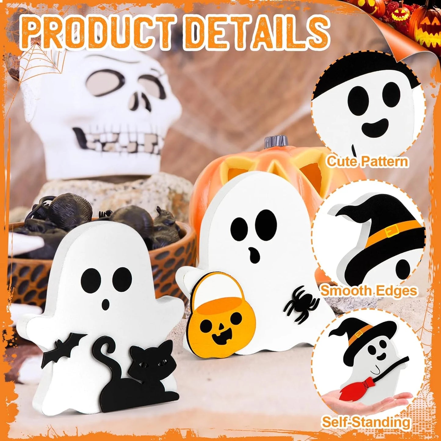 Halloween Tier Tray Decorations Cute Ghost Halloween Tabletop Decor Table Wooden Signs Table Centerpieces Rustic Farmhouse Indoor Decorations for Halloween Fall Party Home Kitchen