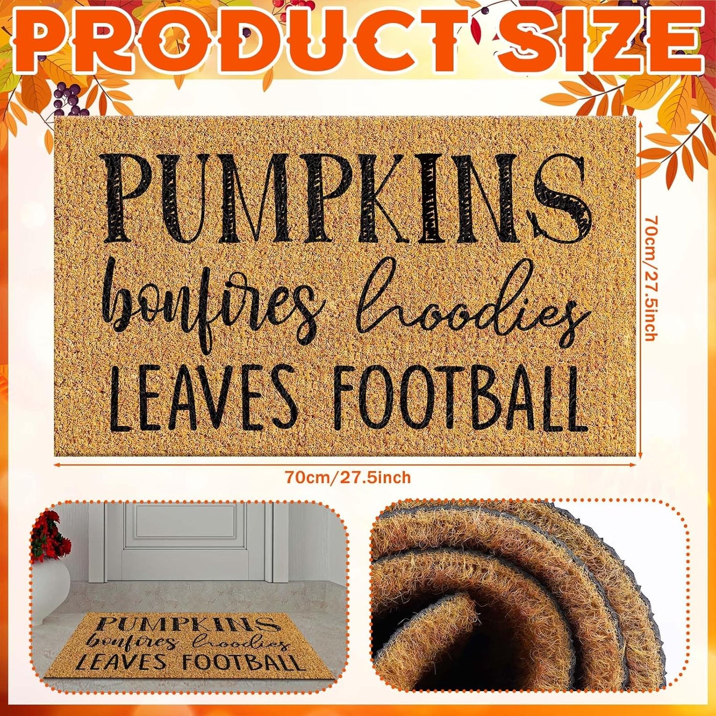 Ceenna Fall Coir Doormat Football Pumpkin Style Coir Welcome Mats Autumn Non Slip Floor Mats Thanksgiving Indoor Entrance Door Mat Porch Front Decor, 16 X 28 Inch(Pumpkin Bonfire)