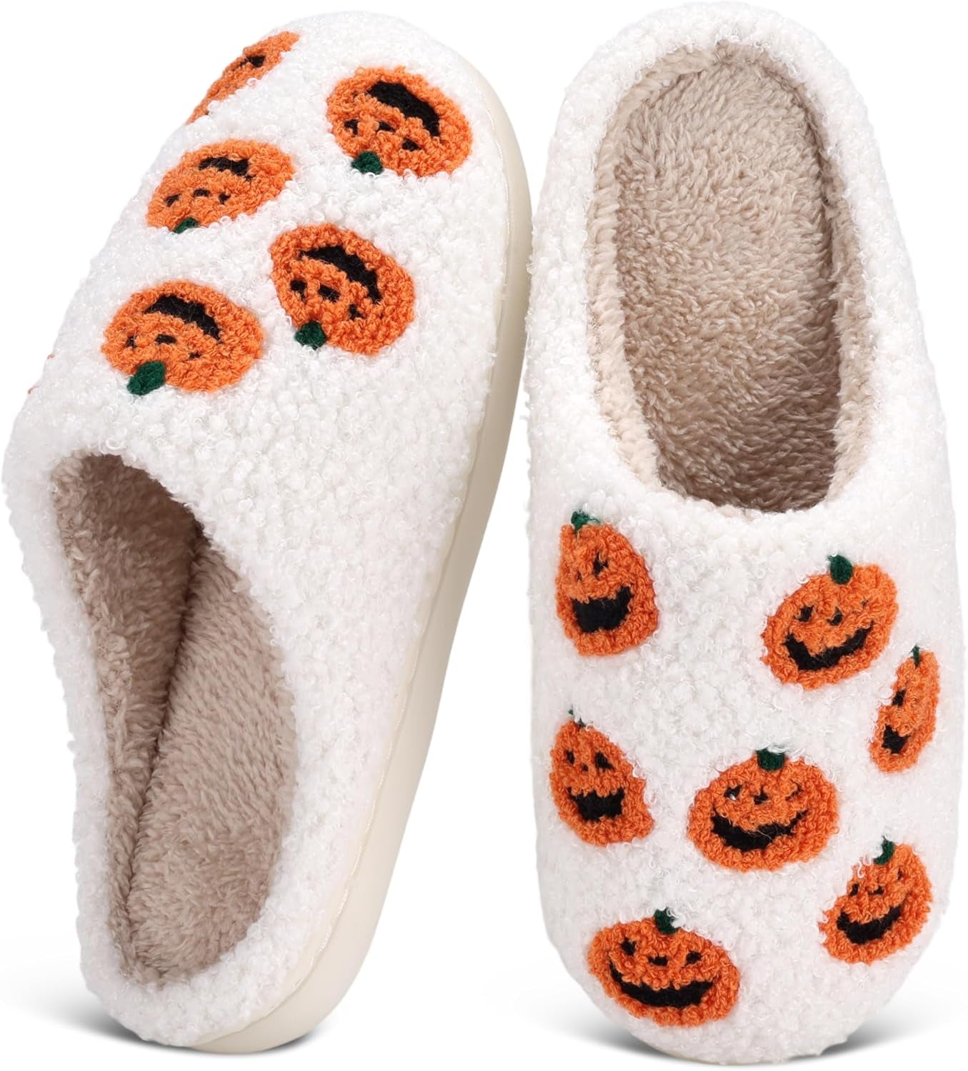 Halloween Slippers for Women Men Spooky Pumpkin Ghost Fuzzy Plush Warm Cozy Slippers Indoor Outdoor House Shoes