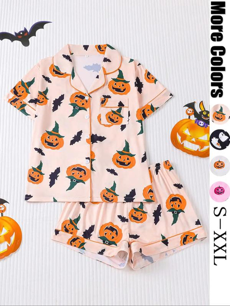 Women'S Ghost Print Shirt & Elastic Waist Shorts Pyjama, Casual Comfy Short Sleeve Top & Shorts Pj Set, Ladies Sleepwear for All Seasons, Loungewear