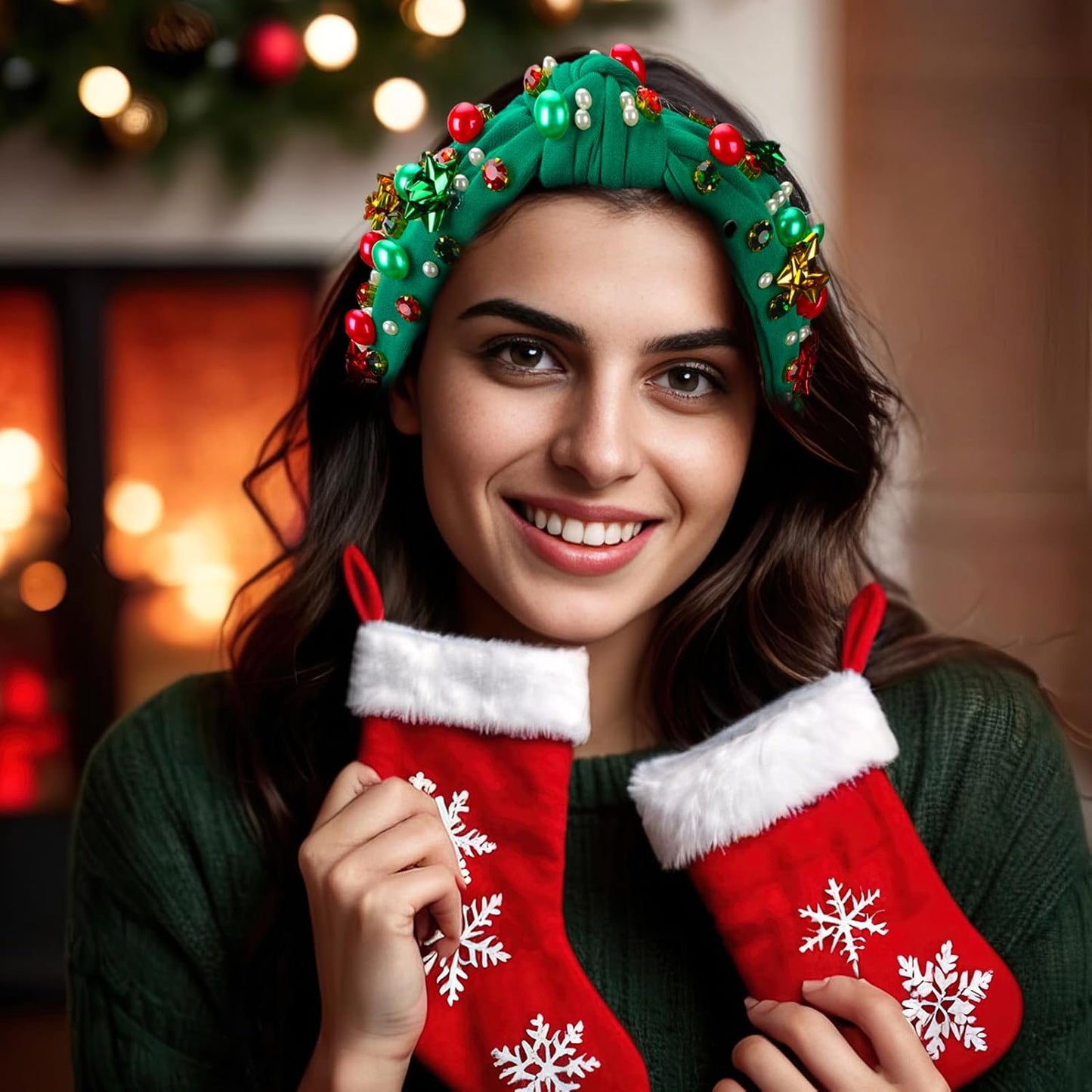 2 Pack Christmas Headband for Women Pearl Rhinestone Crystal Jeweled Xmas Flower Embellished Ladies Wide Top Knot Red Green Makeup Hair Hoop Accessory Holiday Party Costume Decor Gifts