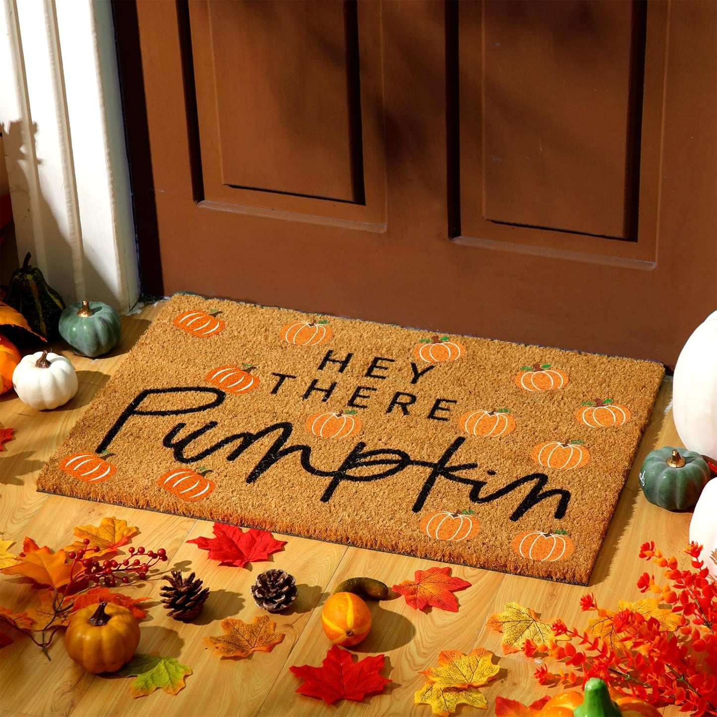 Ceenna Fall Coir Doormat Football Pumpkin Style Coir Welcome Mats Autumn Non Slip Floor Mats Thanksgiving Indoor Entrance Door Mat Porch Front Decor, 16 X 28 Inch(Pumpkin Bonfire)