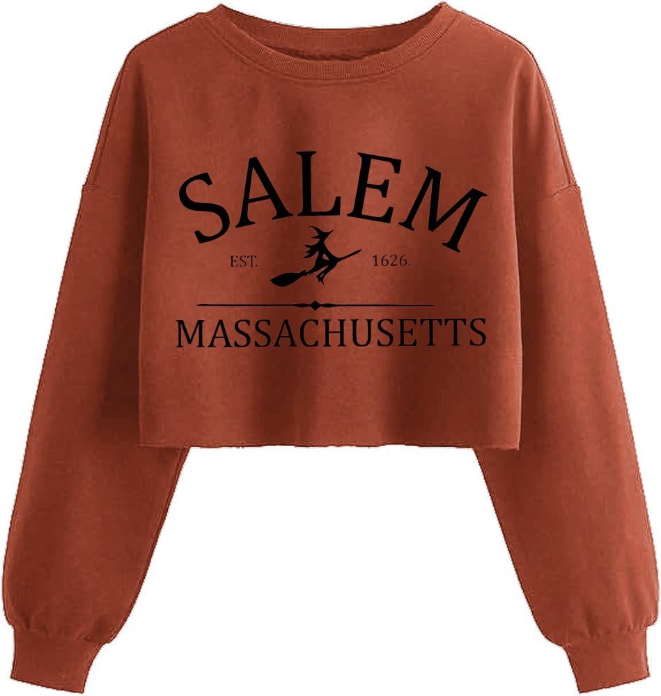 Women'S Witch Crop Sweatshirt Fall Halloween Vintage Graphic Lantern Long Sleeve Pullover Spooky Season Sweatshirt