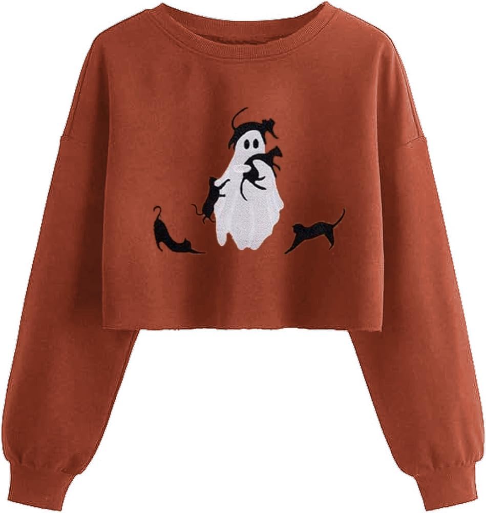 Women'S Witch Crop Sweatshirt Fall Halloween Vintage Graphic Lantern Long Sleeve Pullover Spooky Season Sweatshirt