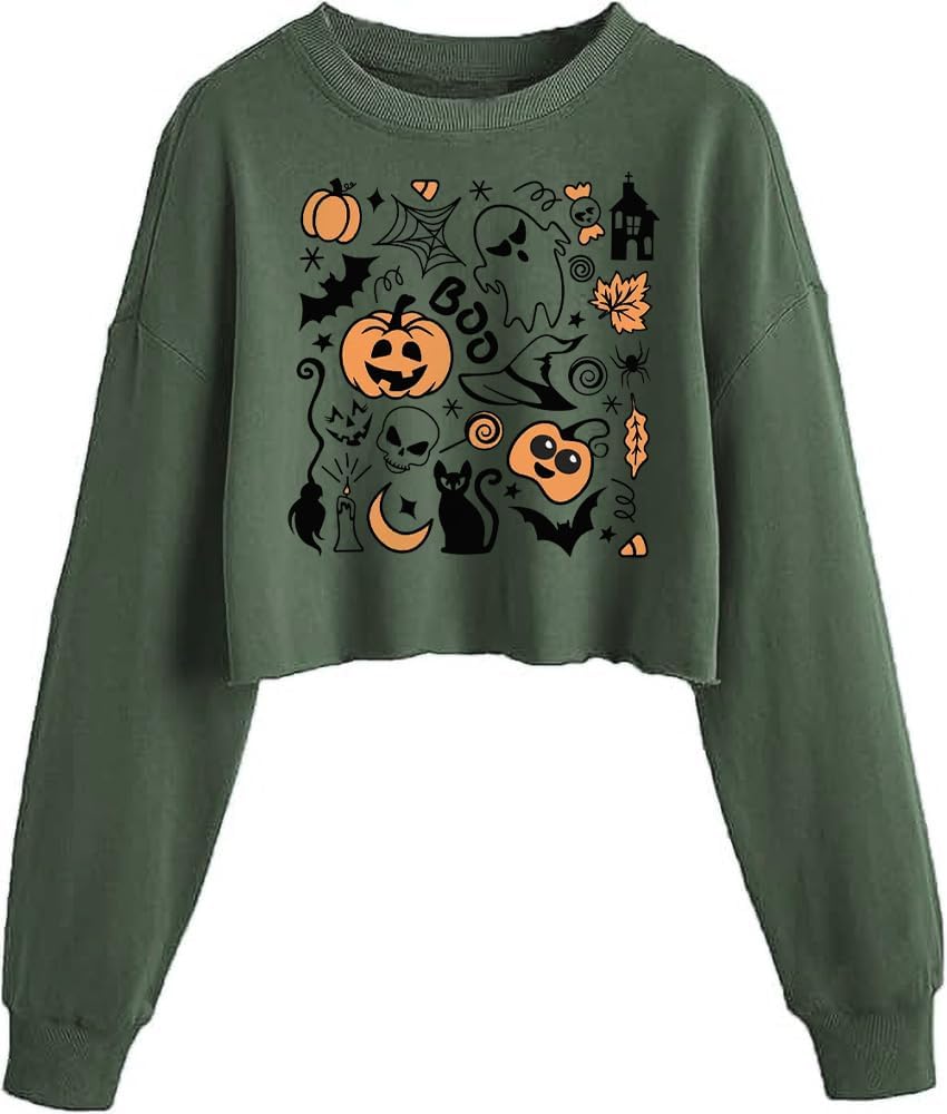 Women'S Retor Ghost Skull Crop Sweatshirt Fall Halloween Lantern Long Sleeve Pullover Spooky Season Sweatshirt