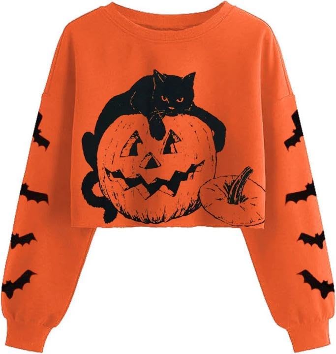 Women'S Retor Ghost Skull Crop Sweatshirt Fall Halloween Lantern Long Sleeve Pullover Spooky Season Sweatshirt