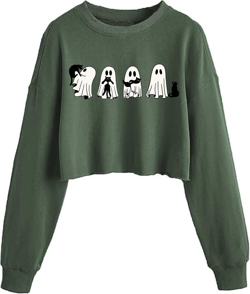 Women'S Retor Ghost Skull Crop Sweatshirt Fall Halloween Lantern Long Sleeve Pullover Spooky Season Sweatshirt