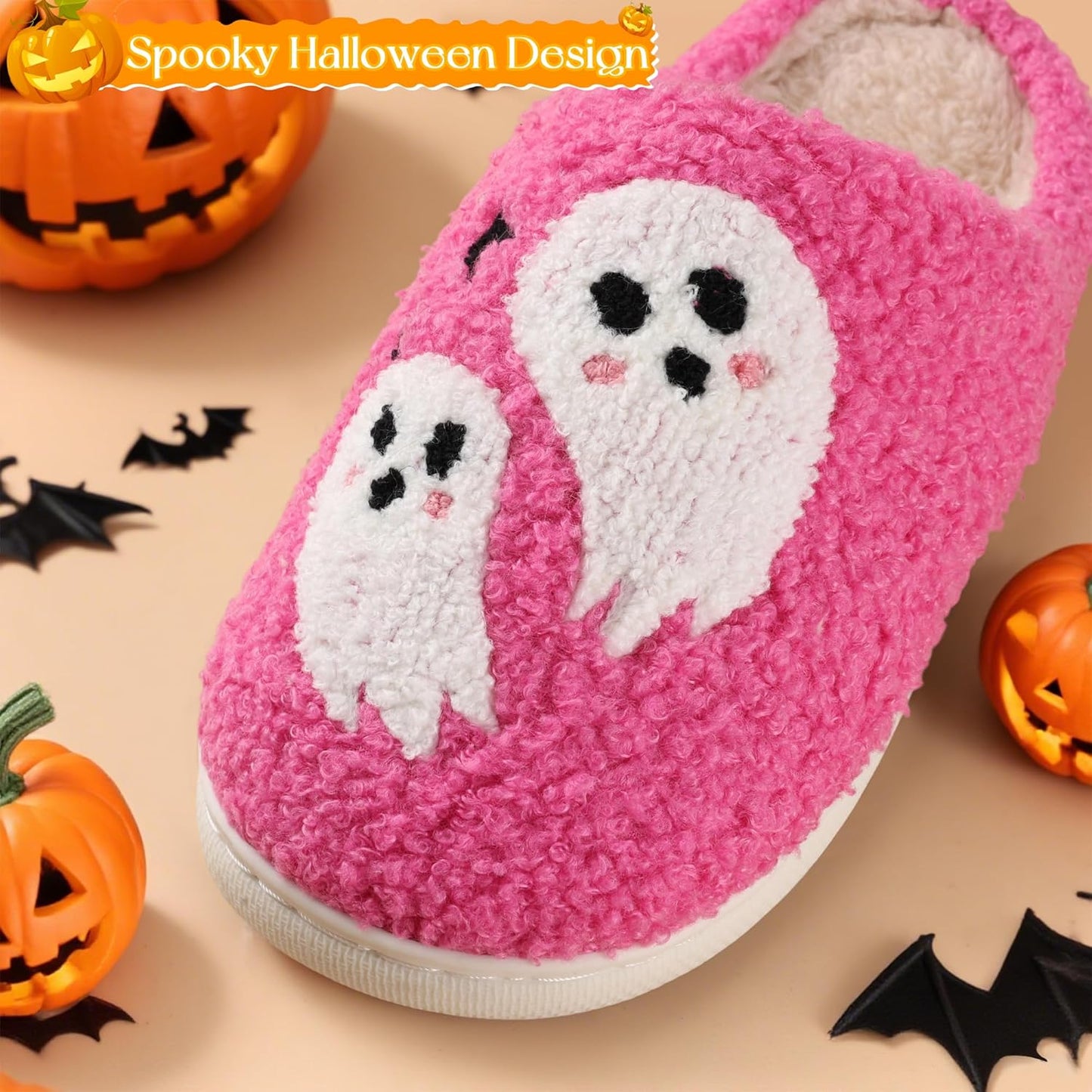 Halloween Slippers for Women Men Spooky Pumpkin Ghost Fuzzy Plush Warm Cozy Slippers Indoor Outdoor House Shoes