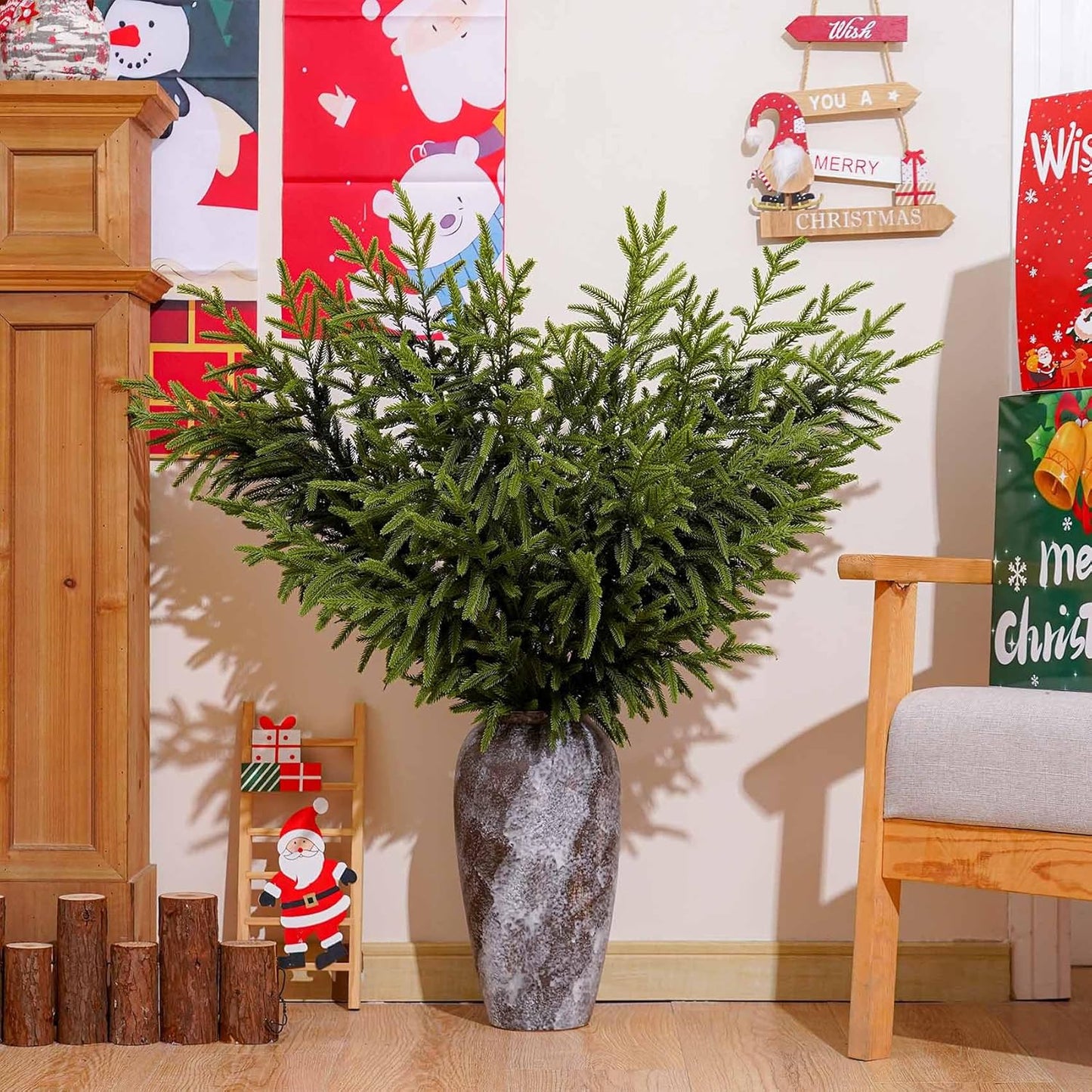 6 Pcs Christmas Norfolk Pine Branches - 36" Artificial Norfolk Branch Faux Stem Greenery Pine Picks for Vase DIY Crafts Garland Wreath Xmas Indoor Outdoor Home Decor