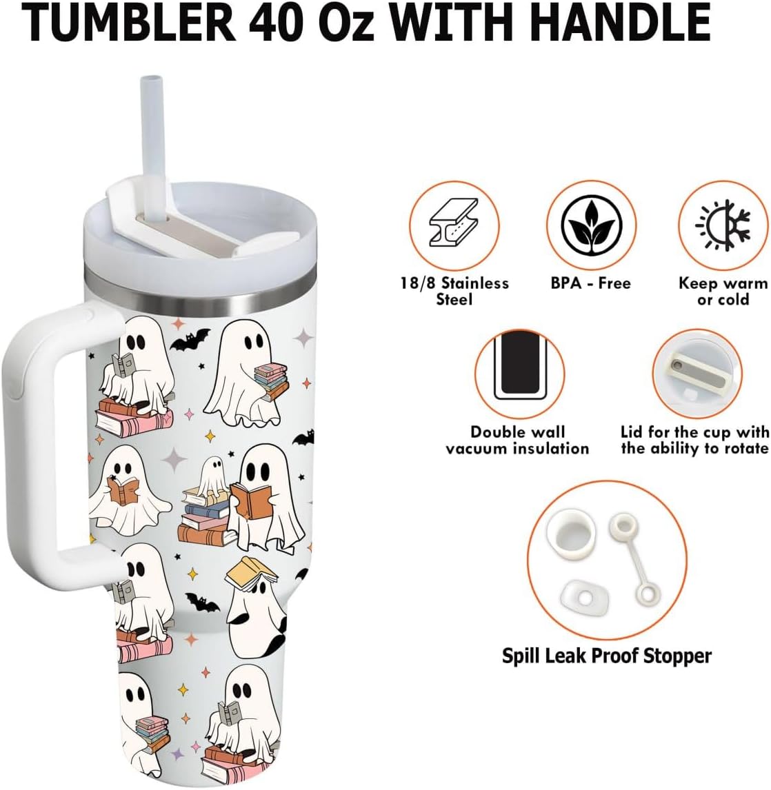 Spooky Stainless Steel Tumbler with Lid and Straw, 40Oz Insulated Cup, Cute Ghost Reading Book Lover Gift, Themed Tumbler for Halloween Season