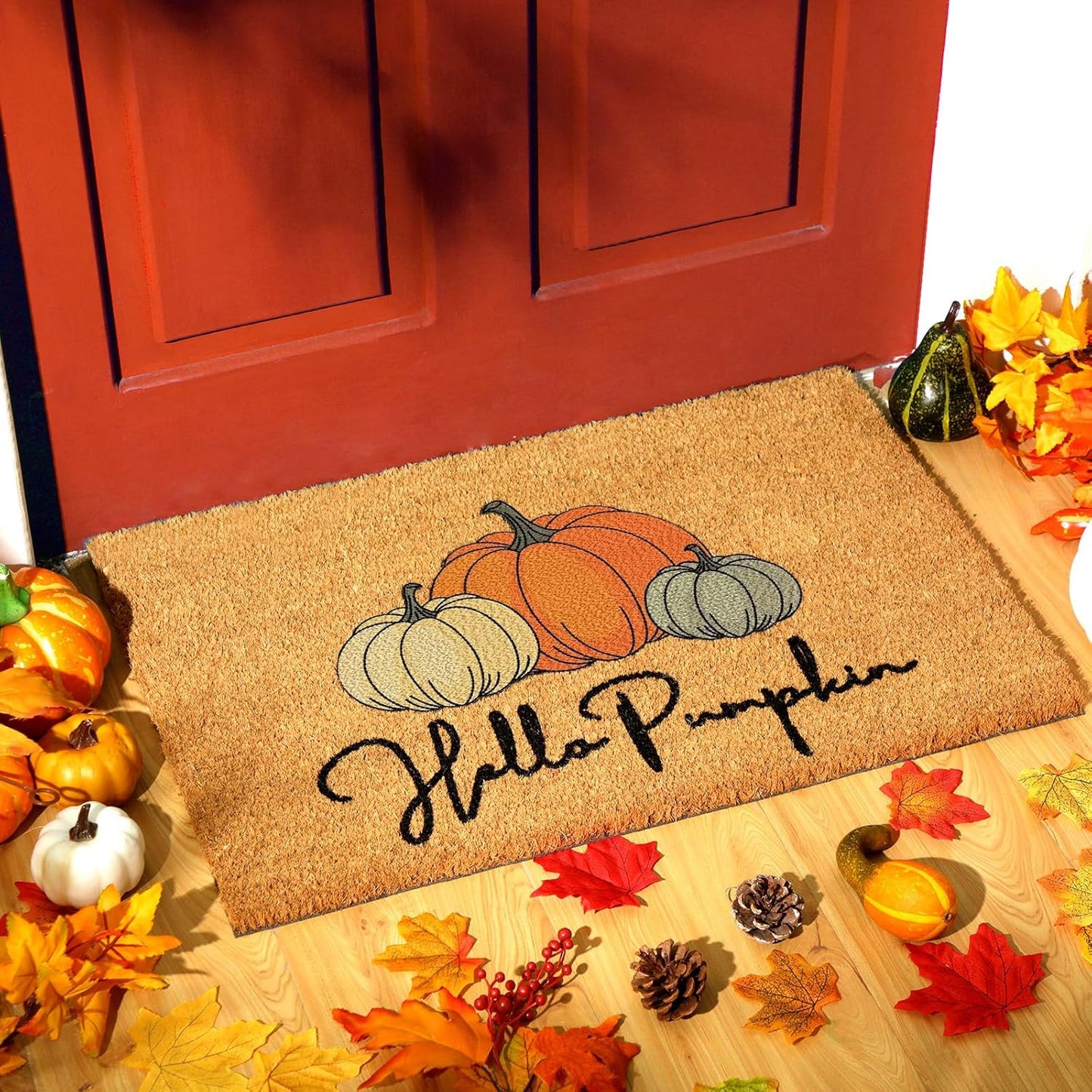 Ceenna Fall Coir Doormat Football Pumpkin Style Coir Welcome Mats Autumn Non Slip Floor Mats Thanksgiving Indoor Entrance Door Mat Porch Front Decor, 16 X 28 Inch(Pumpkin Bonfire)