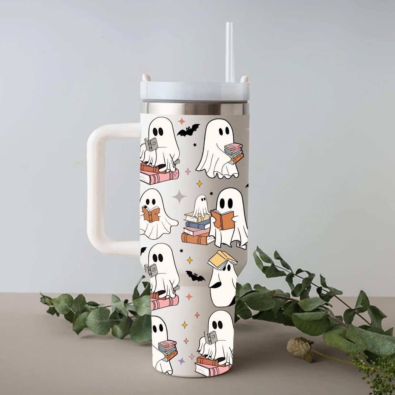 Spooky Stainless Steel Tumbler with Lid and Straw, 40Oz Insulated Cup, Cute Ghost Reading Book Lover Gift, Themed Tumbler for Halloween Season