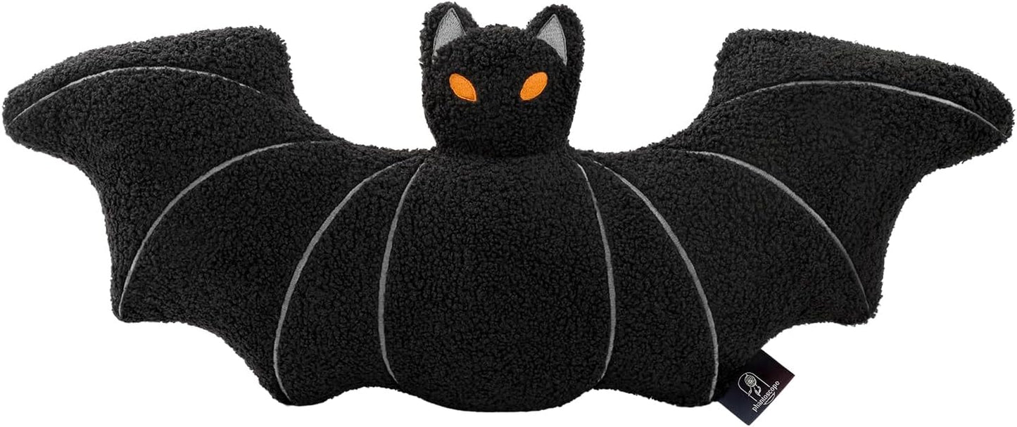 Phantoscope Happy Halloween Bat Shaped Throw Pillow, Teddy Fleece Embroidery Decorative Halloween Pillow for Couch, Sofa, Bed, Black 12 X 25.5 Inches