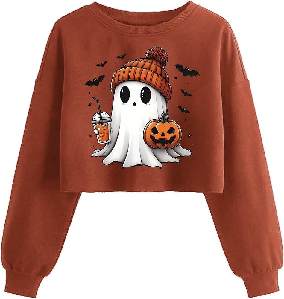 Women'S Retor Ghost Skull Crop Sweatshirt Fall Halloween Lantern Long Sleeve Pullover Spooky Season Sweatshirt