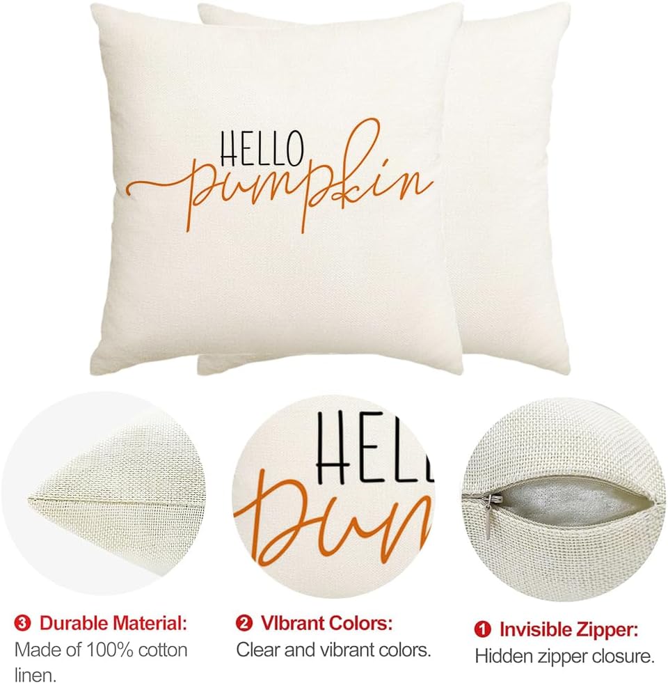RABUSOFA Fall Pillow Covers 20X20 Hello Pumpkin Autum Pillows Decorative Throw Pillows,Outdoor Thanksgiving Cushion Cover Farmhosue Fall Decorations for Home Couch Sofa Square White