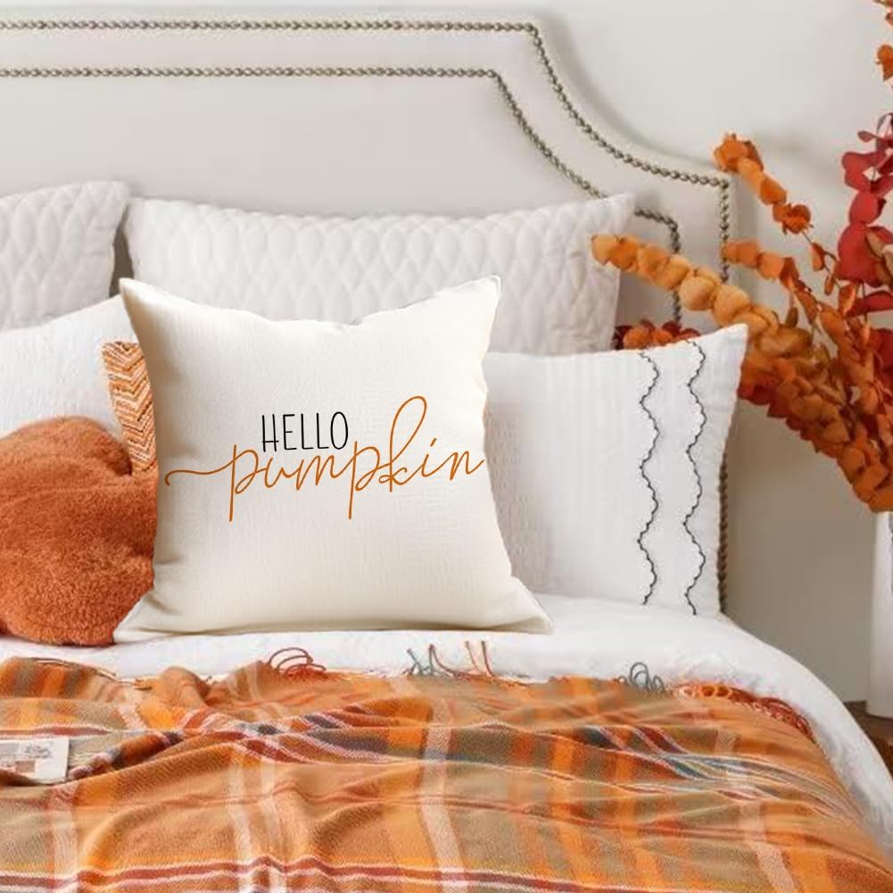 RABUSOFA Fall Pillow Covers 20X20 Hello Pumpkin Autum Pillows Decorative Throw Pillows,Outdoor Thanksgiving Cushion Cover Farmhosue Fall Decorations for Home Couch Sofa Square White