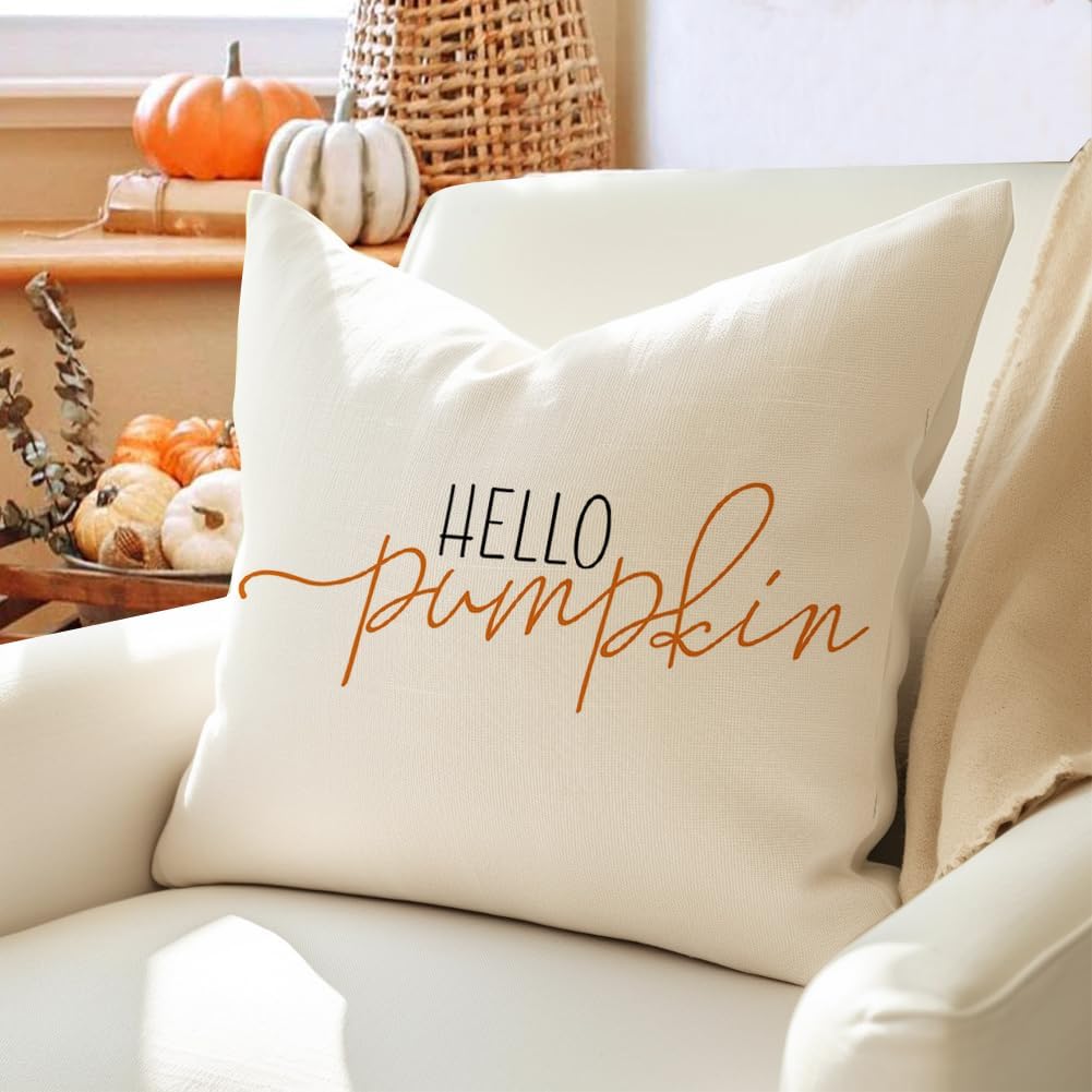RABUSOFA Fall Pillow Covers 20X20 Hello Pumpkin Autum Pillows Decorative Throw Pillows,Outdoor Thanksgiving Cushion Cover Farmhosue Fall Decorations for Home Couch Sofa Square White