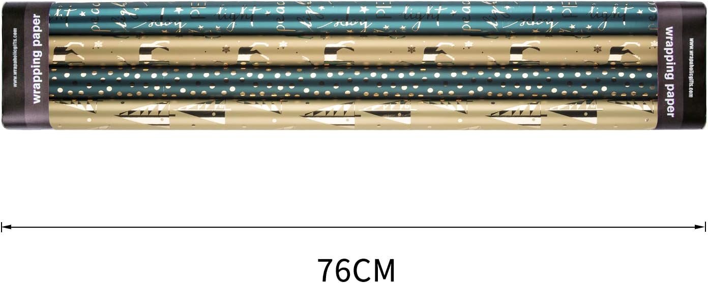 WRAPAHOLIC 30 Inch Green Christmas Wrapping Paper Roll - Jumbo Roll Green and Gold Holiday Design with Metallic Foil Shine - 4 Rolls - 30 Inch X 120 Inch per Roll