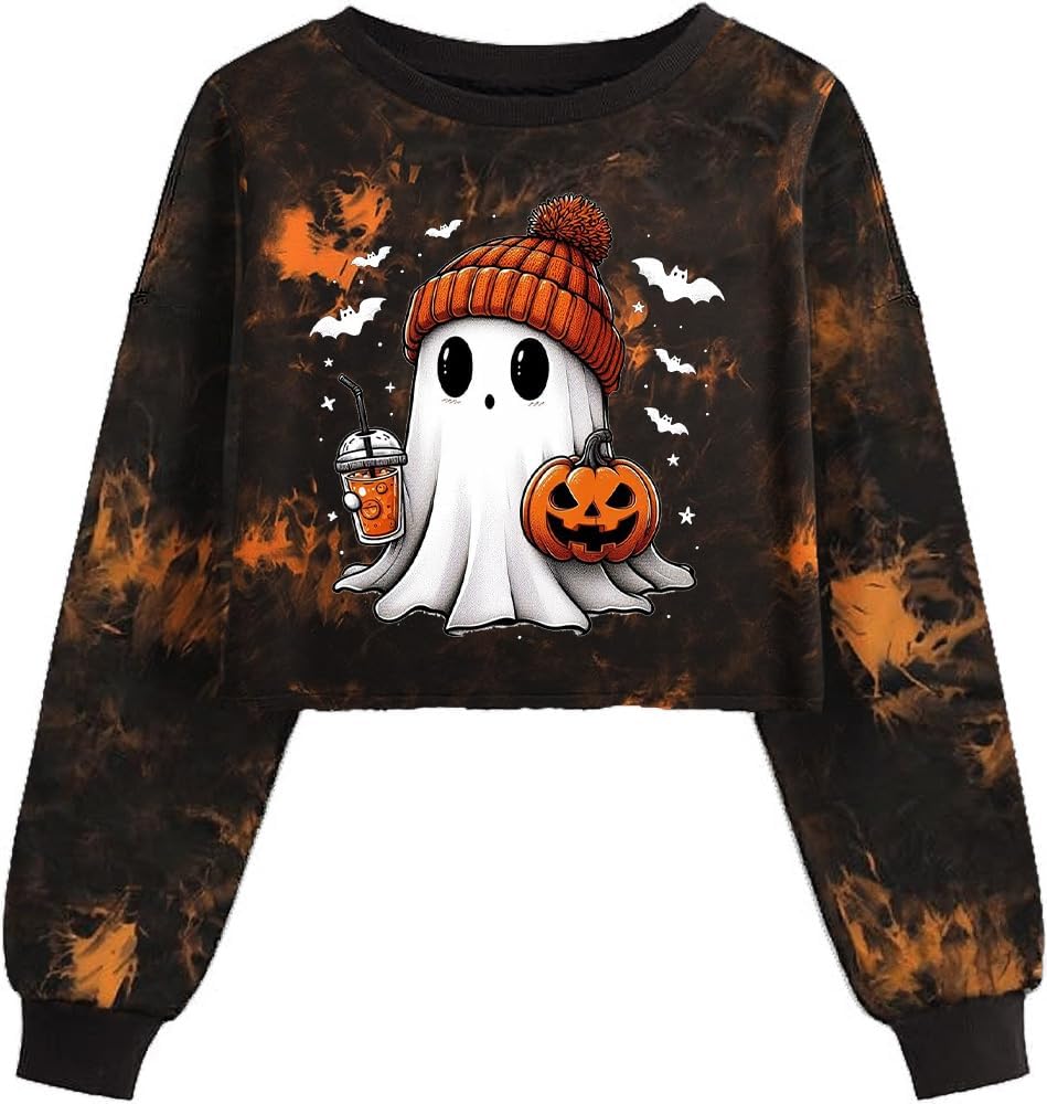 Women'S Retor Ghost Skull Crop Sweatshirt Fall Halloween Lantern Long Sleeve Pullover Spooky Season Sweatshirt