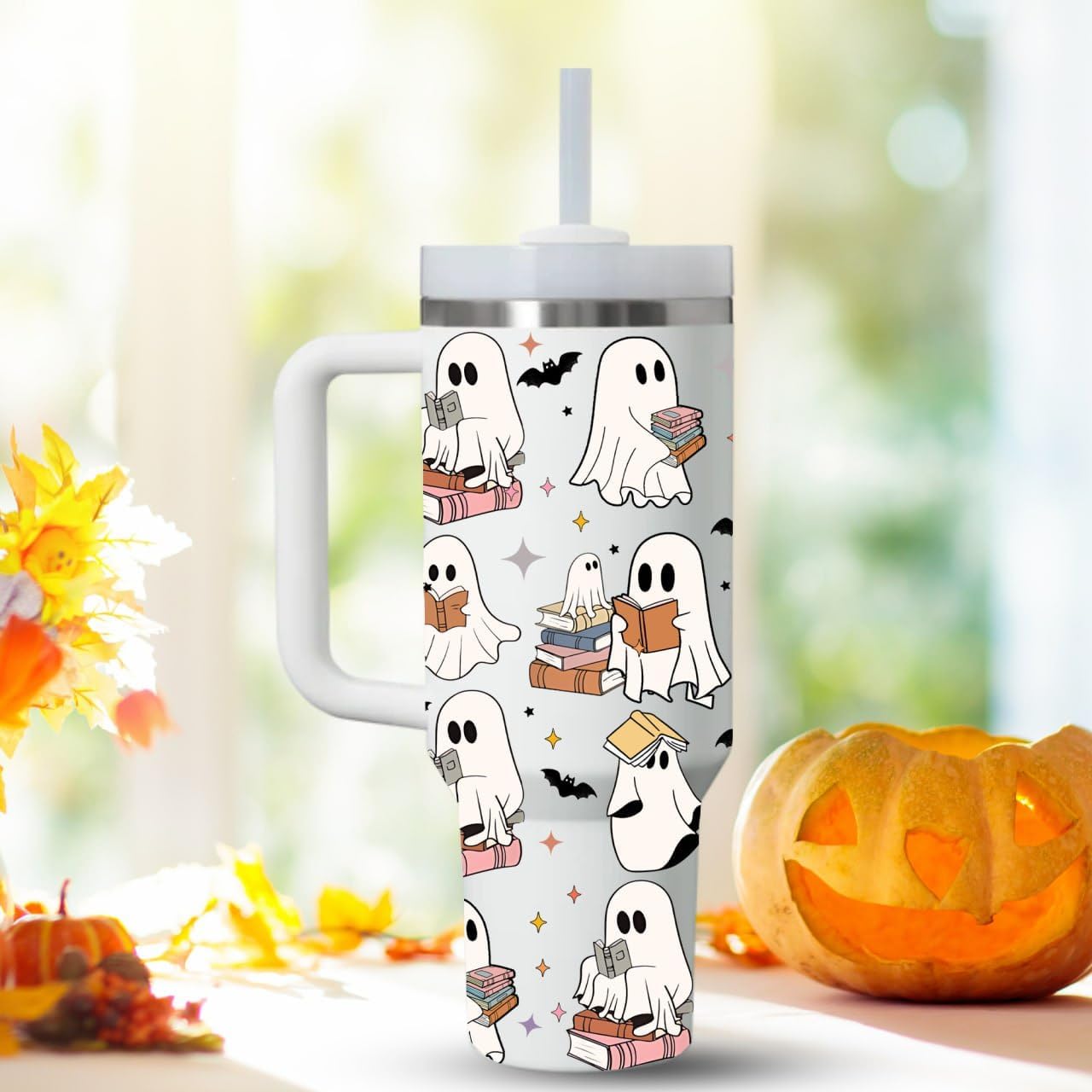 Spooky Stainless Steel Tumbler with Lid and Straw, 40Oz Insulated Cup, Cute Ghost Reading Book Lover Gift, Themed Tumbler for Halloween Season