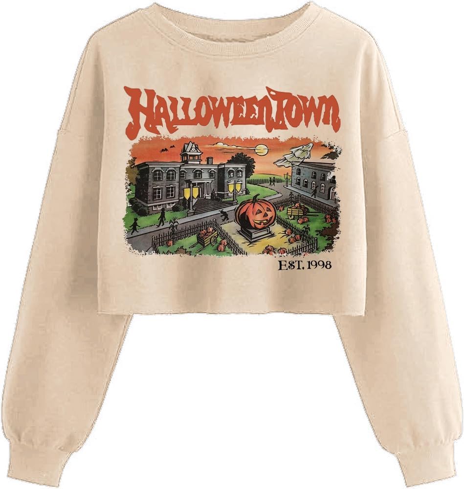 Women'S Retor Ghost Skull Crop Sweatshirt Fall Halloween Lantern Long Sleeve Pullover Spooky Season Sweatshirt
