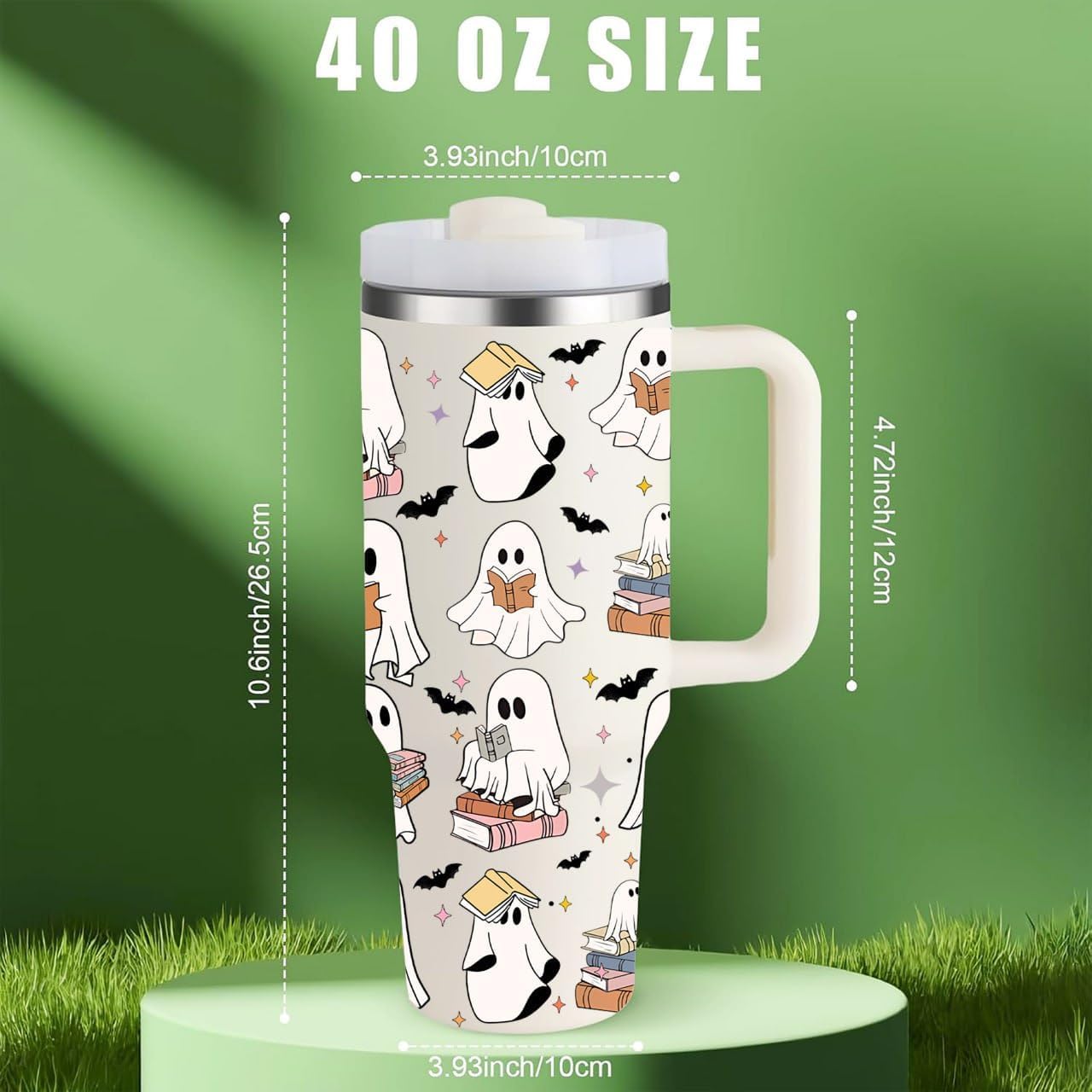 Spooky Stainless Steel Tumbler with Lid and Straw, 40Oz Insulated Cup, Cute Ghost Reading Book Lover Gift, Themed Tumbler for Halloween Season