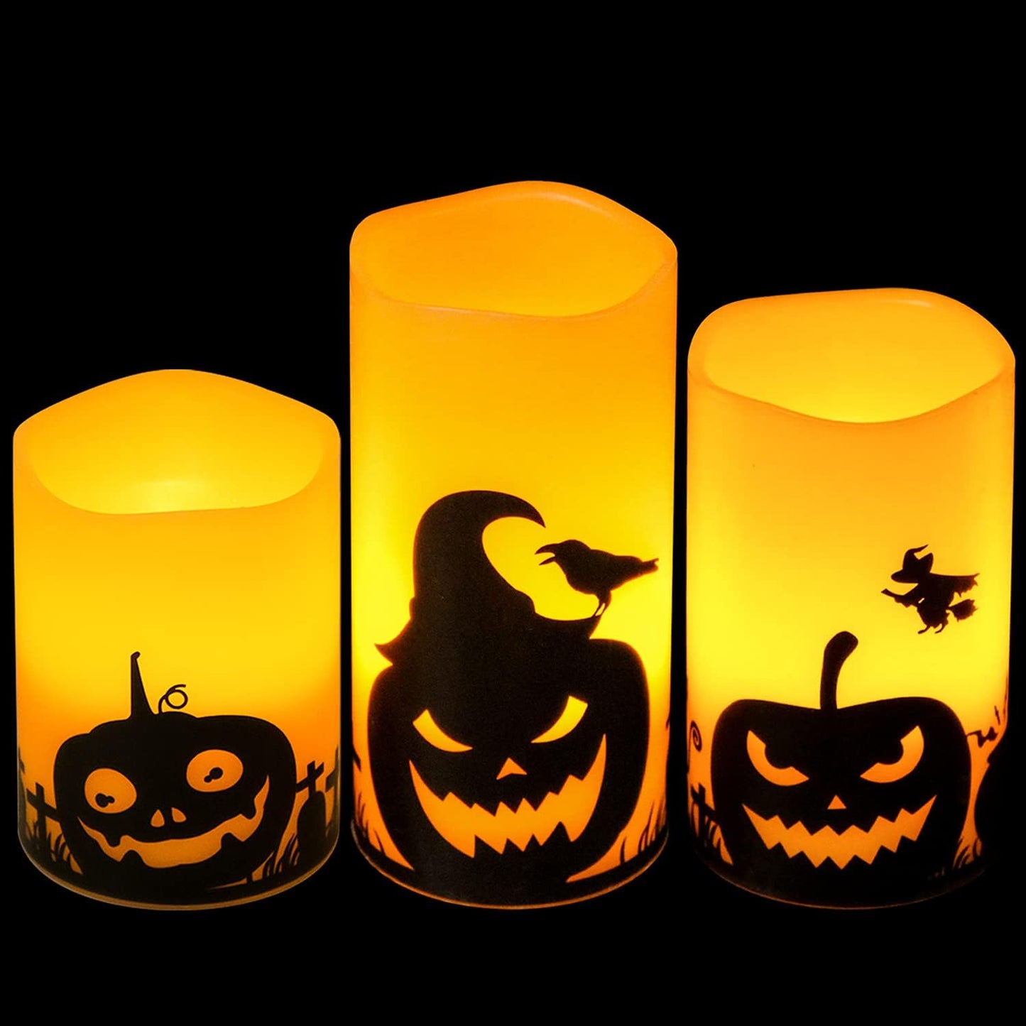 Eldnacele Halloween LED Flameless Flickering Candles Battery Operated with 6H Timer Skull Spider Web Crow Raven Spooky Decals Halloween Themed Indoor Decoration(3 Pack, D3 X H6)