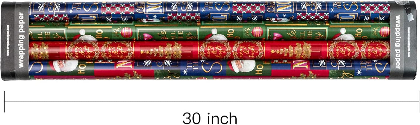 RUSPEPA Christmas Wrapping Paper - Santa Claus, Snowman, Christmas Tree and Bell Design - 4 Rolls - 30 Inches X 10 Feet per Roll