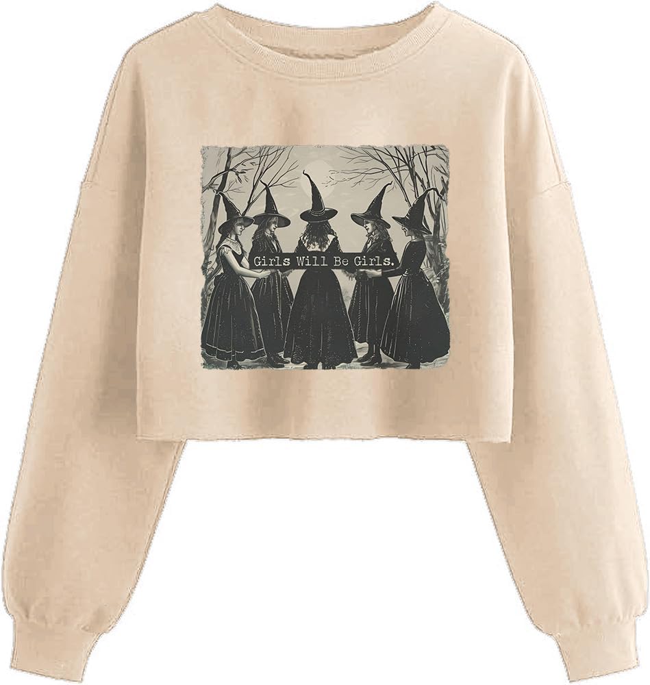 Women'S Witch Crop Sweatshirt Fall Halloween Vintage Graphic Lantern Long Sleeve Pullover Spooky Season Sweatshirt