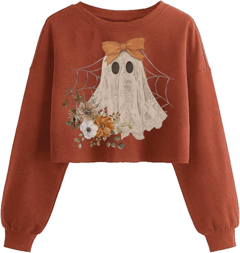 Women'S Retor Ghost Skull Crop Sweatshirt Fall Halloween Lantern Long Sleeve Pullover Spooky Season Sweatshirt