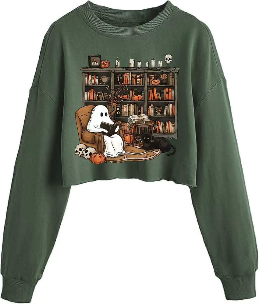 Women'S Retor Ghost Skull Crop Sweatshirt Fall Halloween Lantern Long Sleeve Pullover Spooky Season Sweatshirt