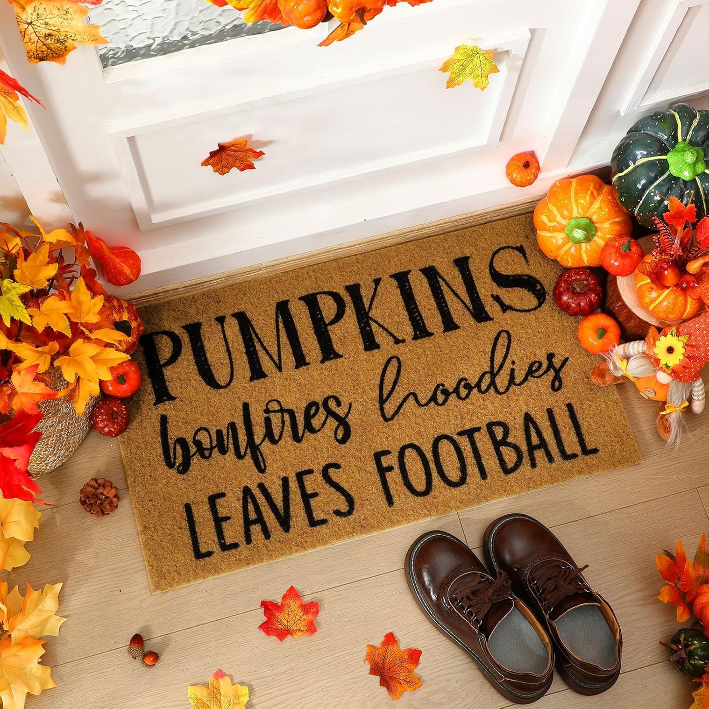 Ceenna Fall Coir Doormat Football Pumpkin Style Coir Welcome Mats Autumn Non Slip Floor Mats Thanksgiving Indoor Entrance Door Mat Porch Front Decor, 16 X 28 Inch(Pumpkin Bonfire)