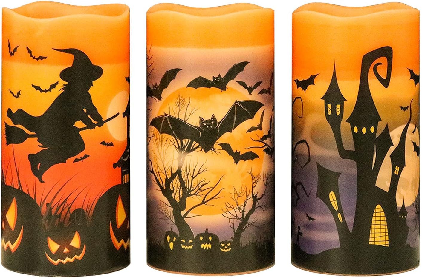 Eldnacele Halloween LED Flameless Flickering Candles Battery Operated with 6H Timer Skull Spider Web Crow Raven Spooky Decals Halloween Themed Indoor Decoration(3 Pack, D3 X H6)