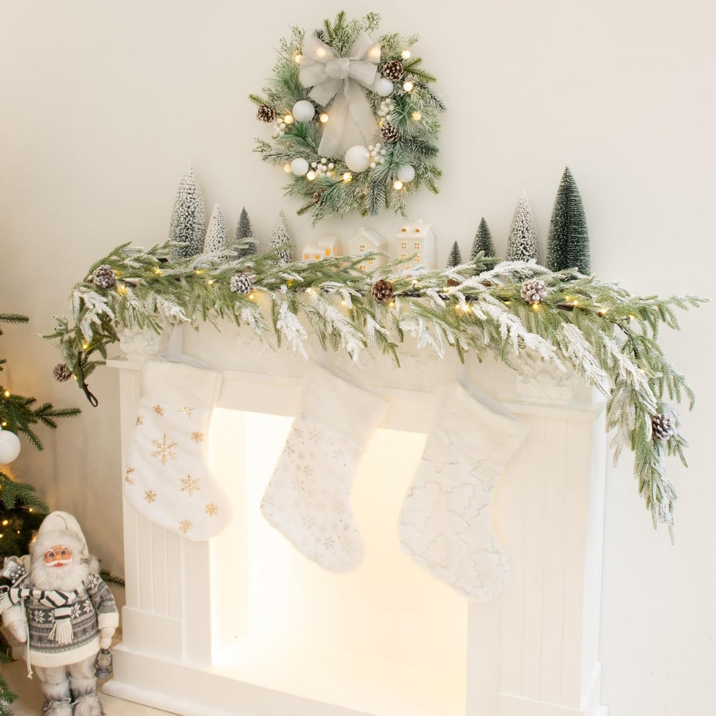 Yoleshy 6FT Real Touch Norfolk Pine Garland with Pinecone and White Snow Battery Operated Prelit Christmas Decorations for Mantle Fireplace