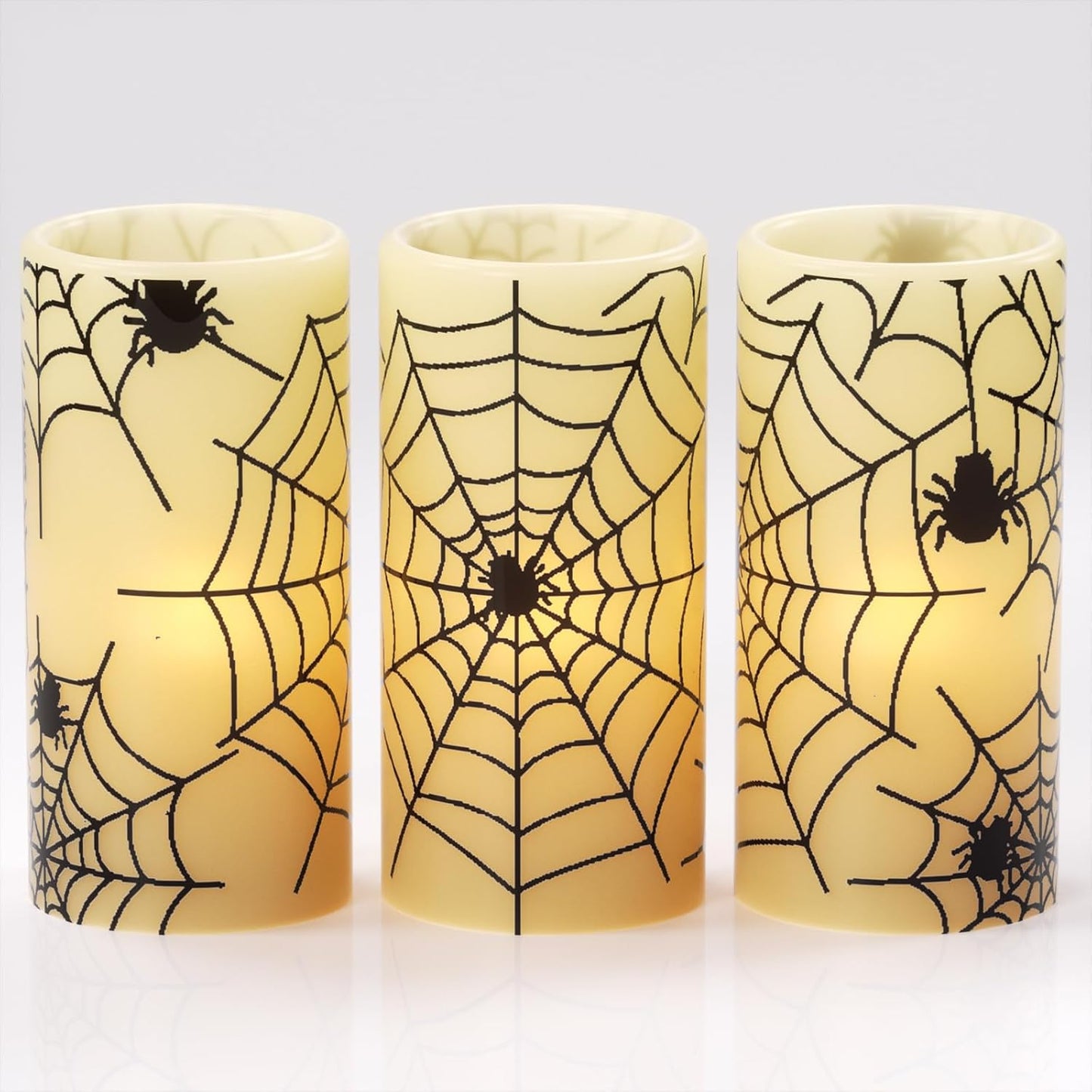Eldnacele Halloween LED Flameless Flickering Candles Battery Operated with 6H Timer Skull Spider Web Crow Raven Spooky Decals Halloween Themed Indoor Decoration(3 Pack, D3 X H6)