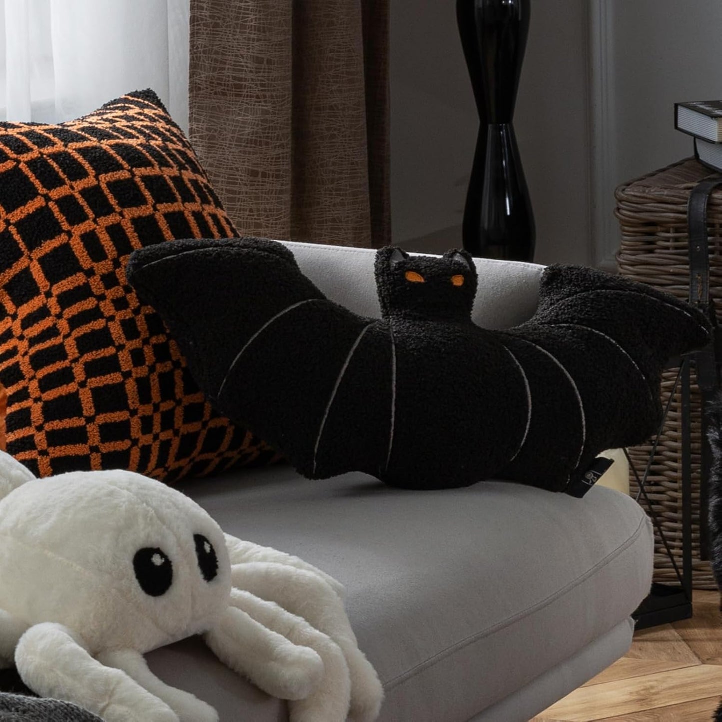 Phantoscope Happy Halloween Bat Shaped Throw Pillow, Teddy Fleece Embroidery Decorative Halloween Pillow for Couch, Sofa, Bed, Black 12 X 25.5 Inches