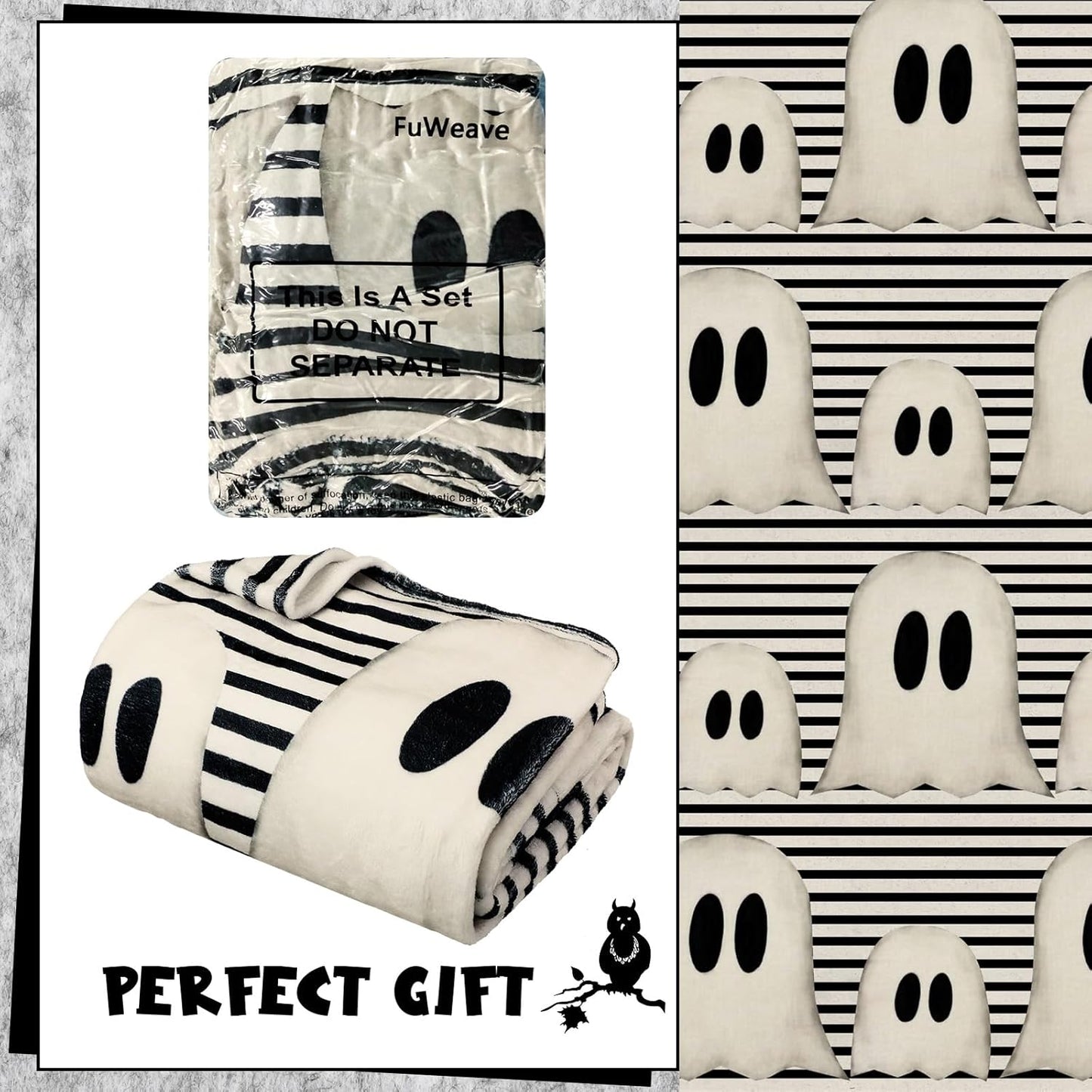 Halloween Throw Blanket Cute Rustic Ghost Flannel Blanket Farmhouse Spooky Blanket Soft Black White Striped Blanket Retro Halloween Decoration for Sofa Bed Holiday Party Gifts,50 X60