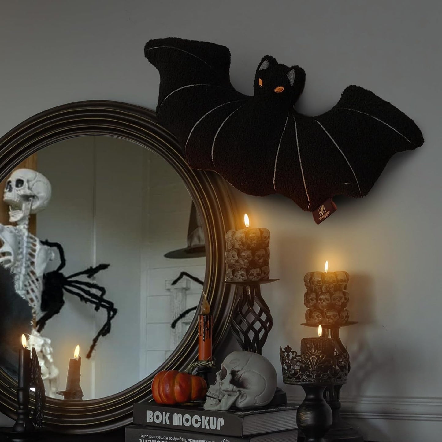 Phantoscope Happy Halloween Bat Shaped Throw Pillow, Teddy Fleece Embroidery Decorative Halloween Pillow for Couch, Sofa, Bed, Black 12 X 25.5 Inches
